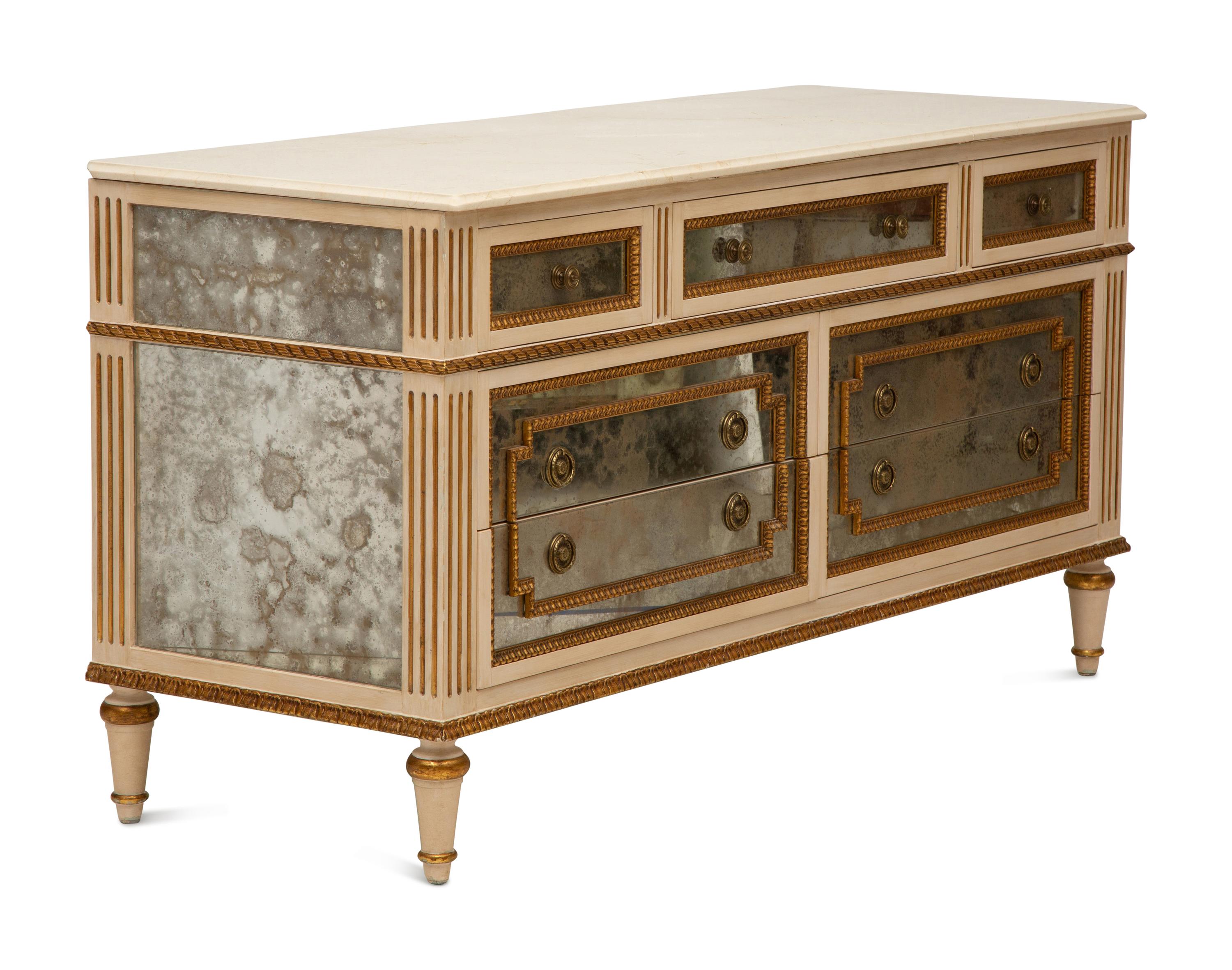 A Louis XVI-Style Painted and Mirrored Marble-Top Dresser