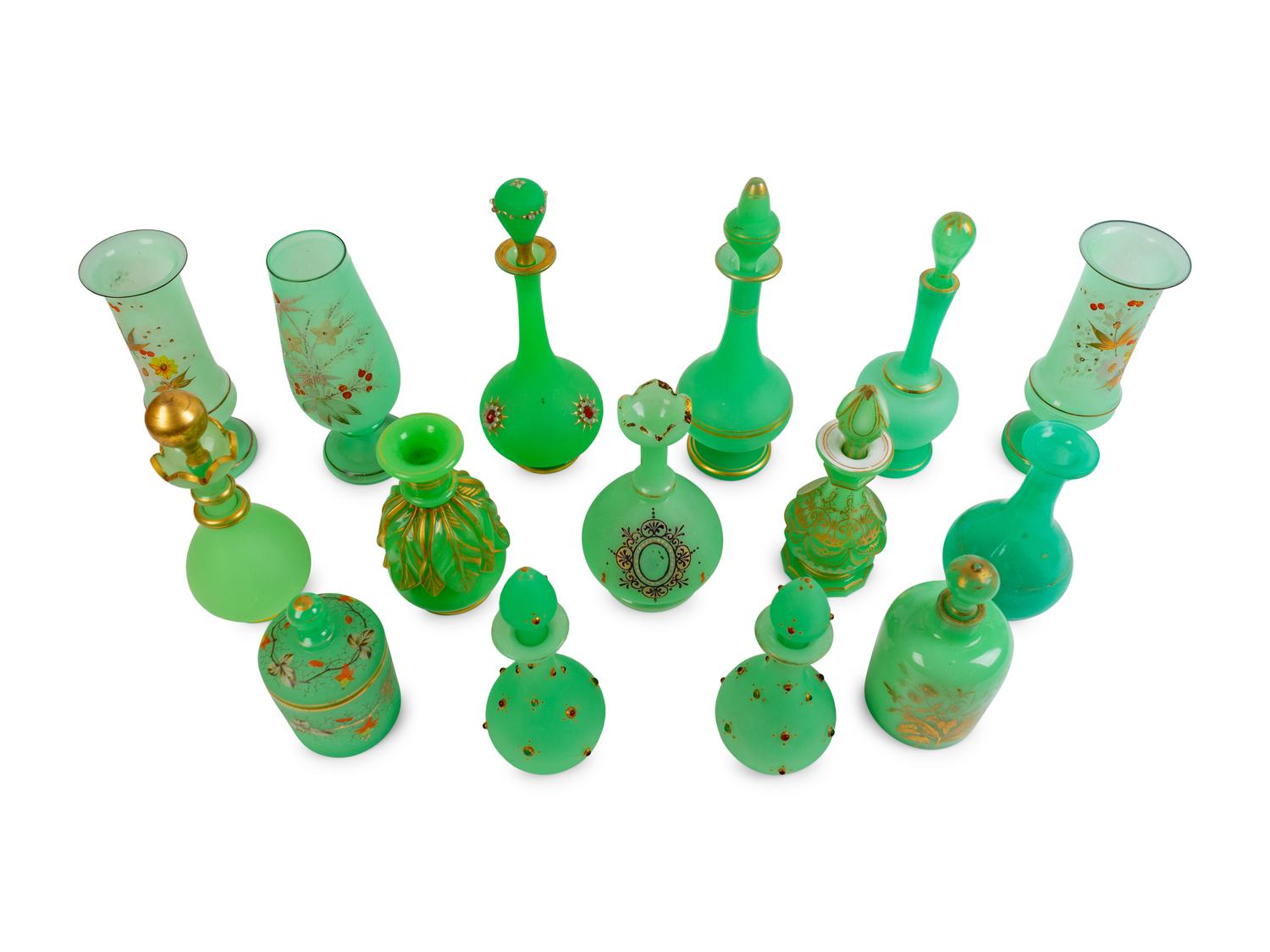 A Collection of Fifteen Green Opaline Glass Items — 19TH CENTURY