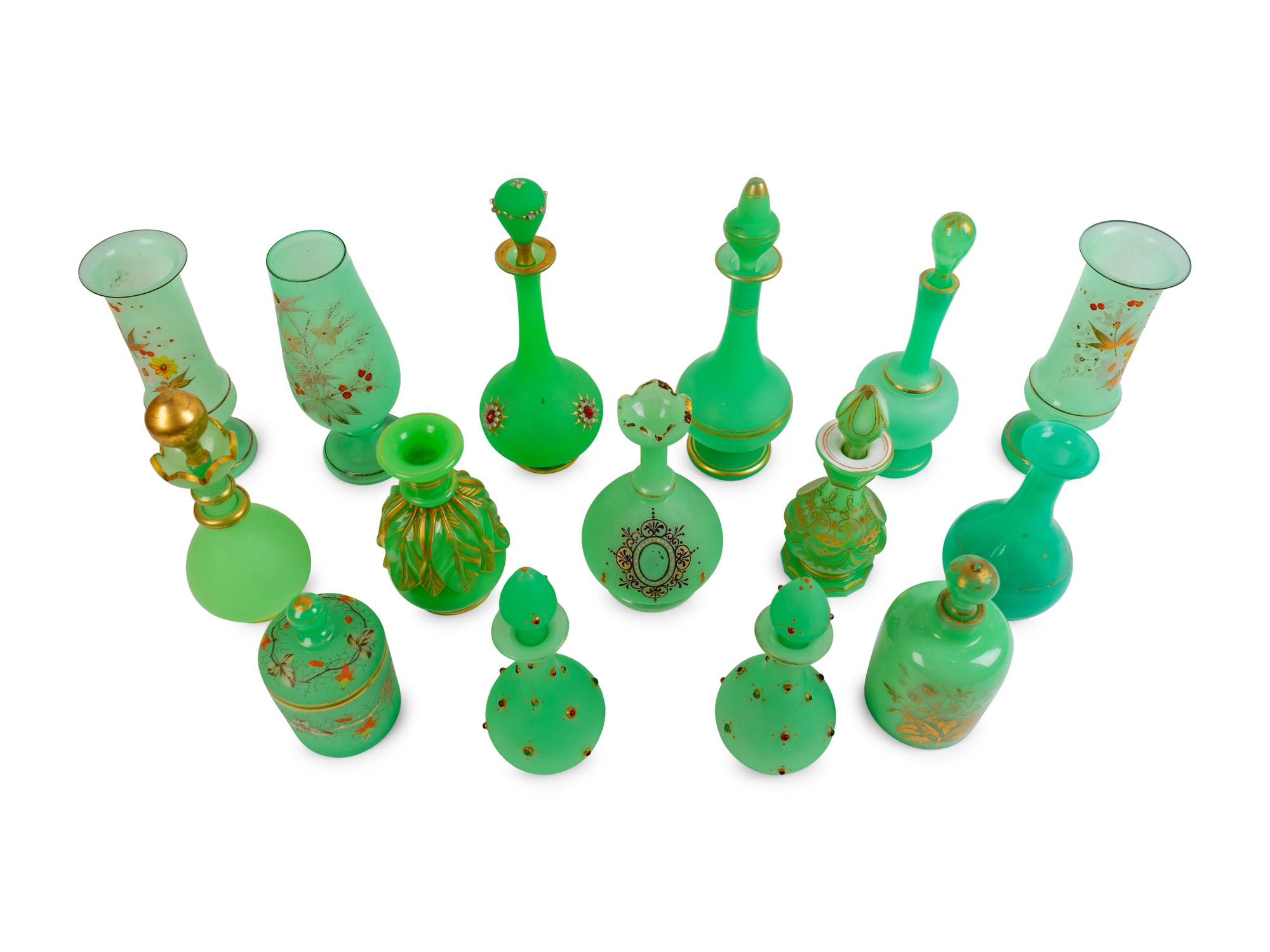 A Collection of Fifteen Green Opaline Glass Items — 19TH CENTURY