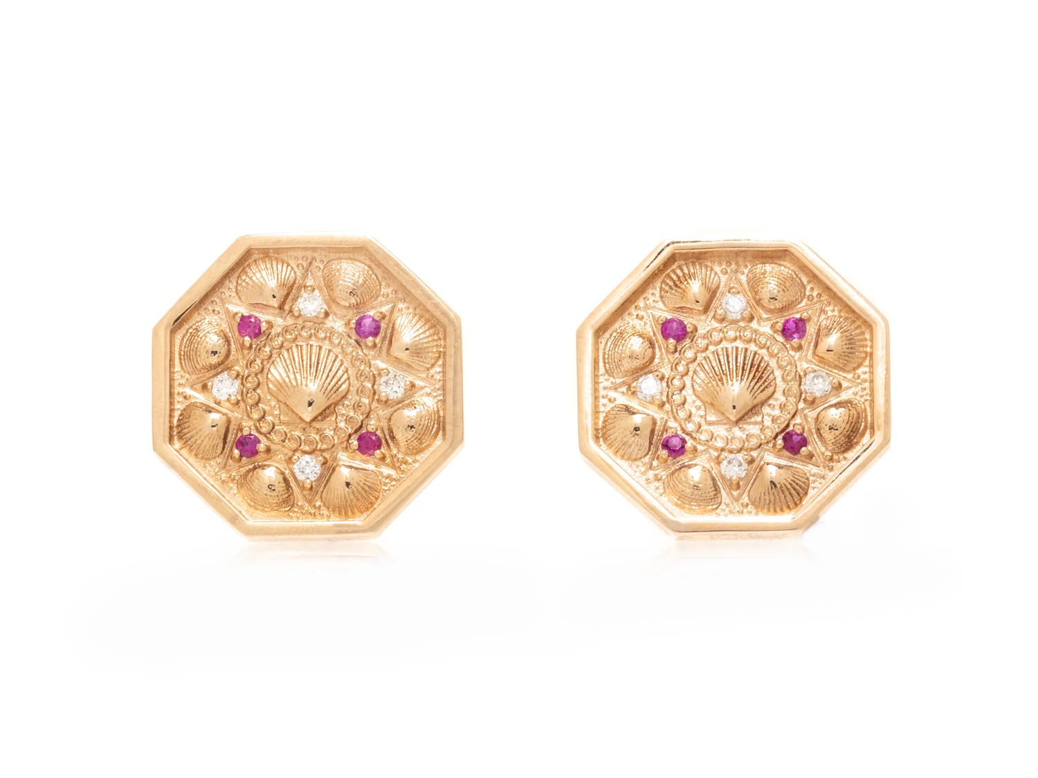 A.G.A. CORREA & SON, YELLOW GOLD, RUBY, AND DIAMOND SAILOR'S VALENTINE EARRINGS