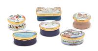A Collection of Six English Enamel Pill Boxes Length of largest 2 1/2 inches. — 20TH CENTURY