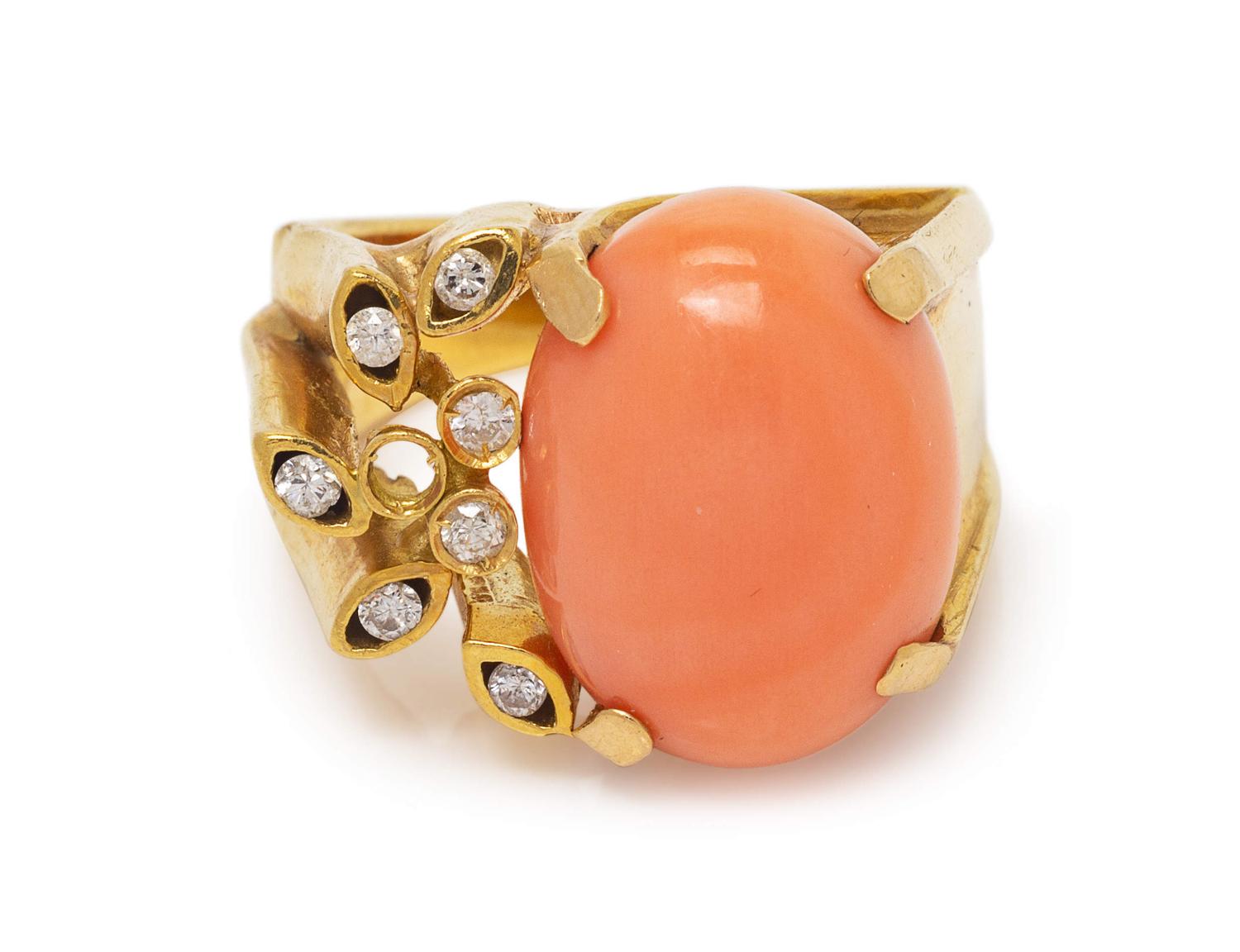 An 18 Karat Yellow Gold, Coral and Diamond Ring,