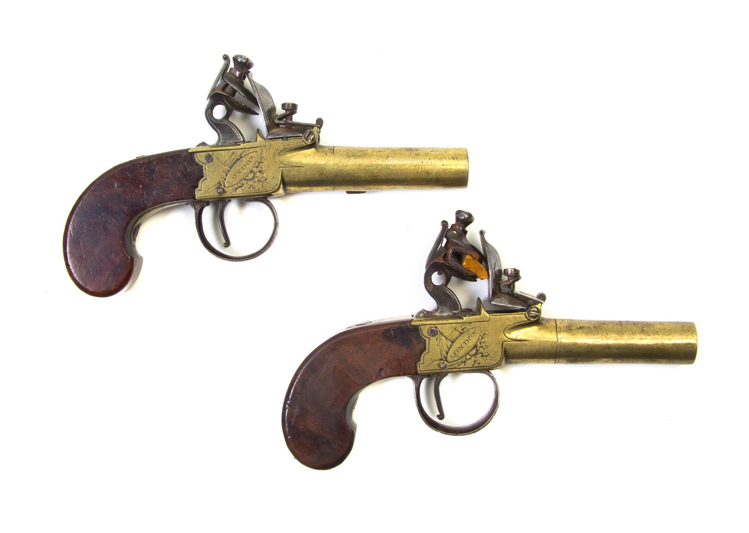 A Pair of English Pocket Flintlock Pistols, Blair & Little, Length 6 3/8 inches.
