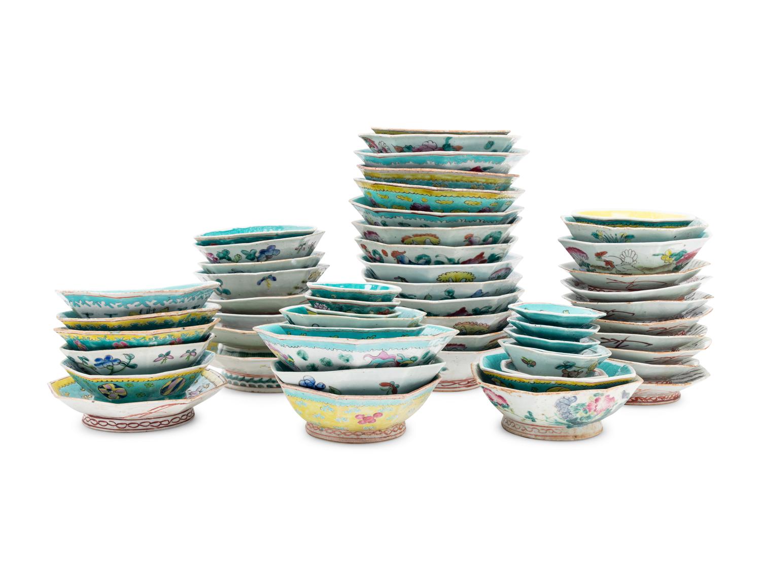 A Collection of 55 Chinese Famille Rose Octagonal Serving Dishes