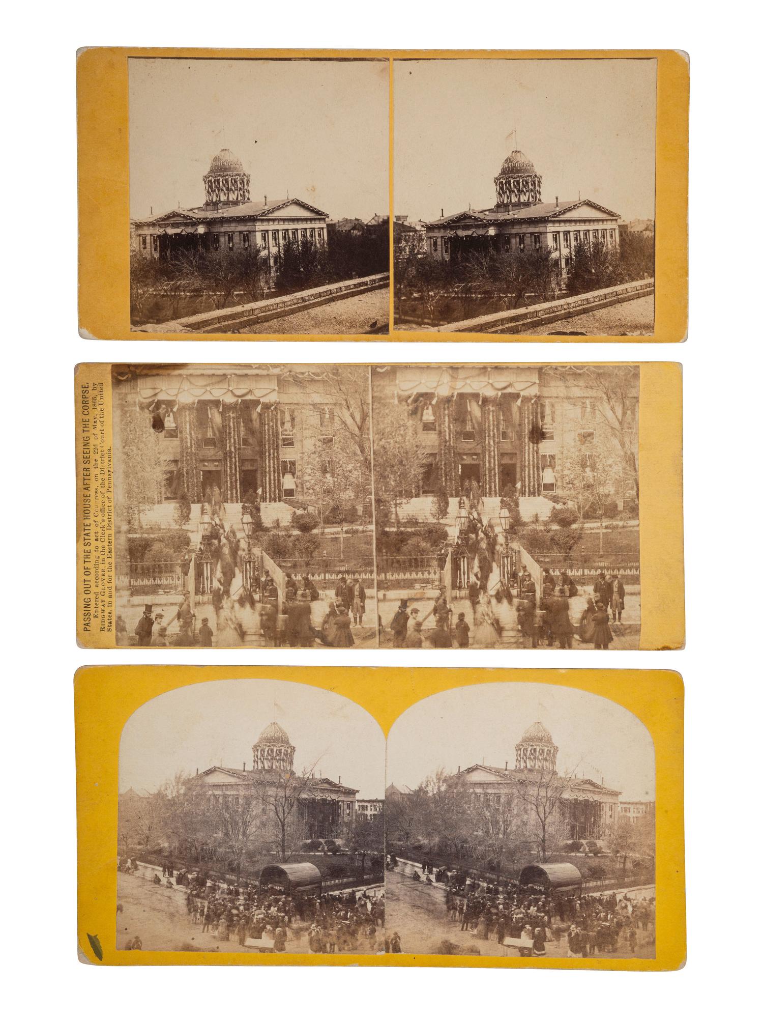 [LINCOLN, Abraham (1809-1865)]. The Lincoln funeral in SPRINGFIELD. 6 stereoviews featuring the procession and buildings draped in mourning.