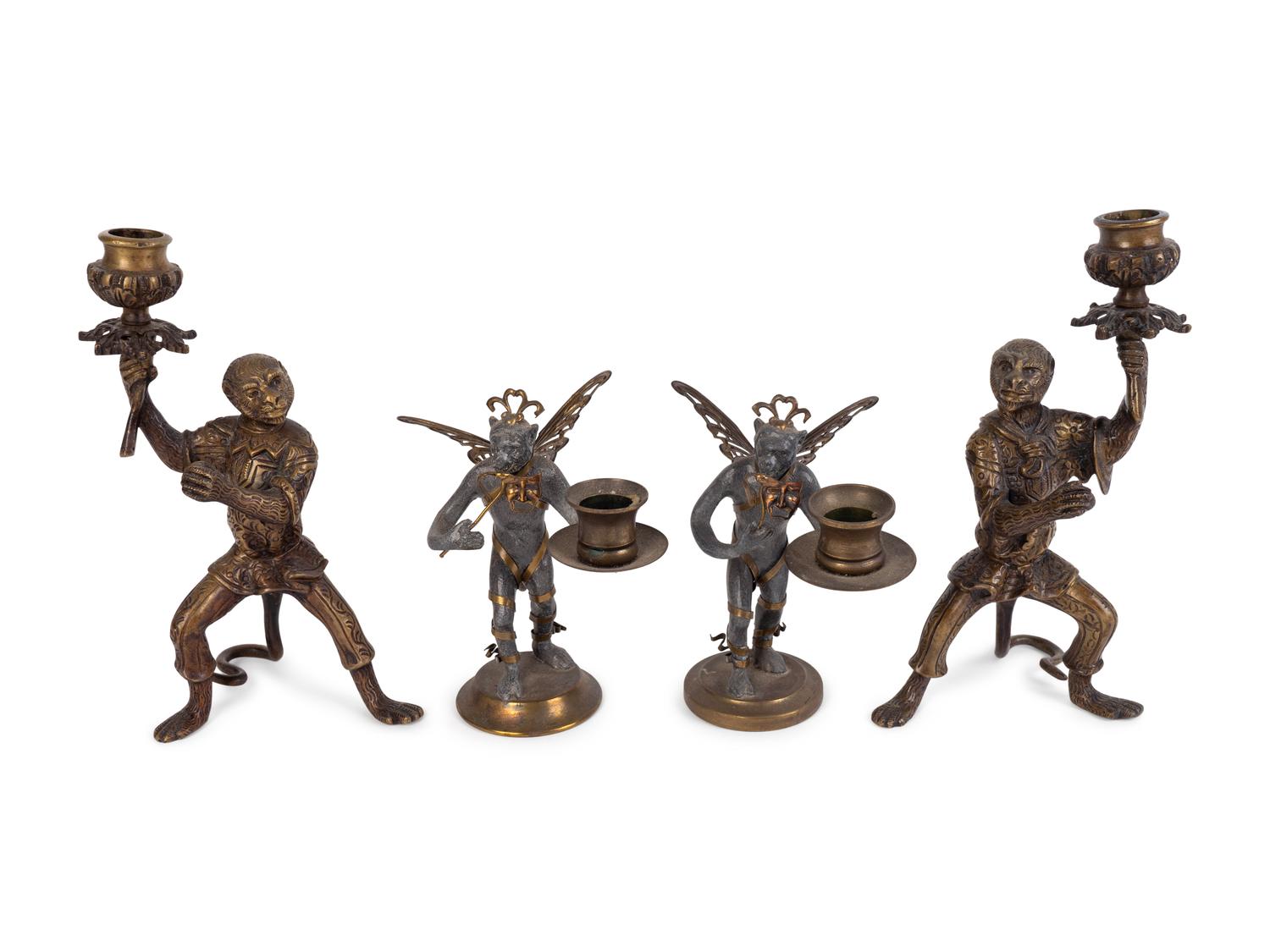 Two Pair of Bronze Monkey-Form Candlesticks — 20TH CENTURY
