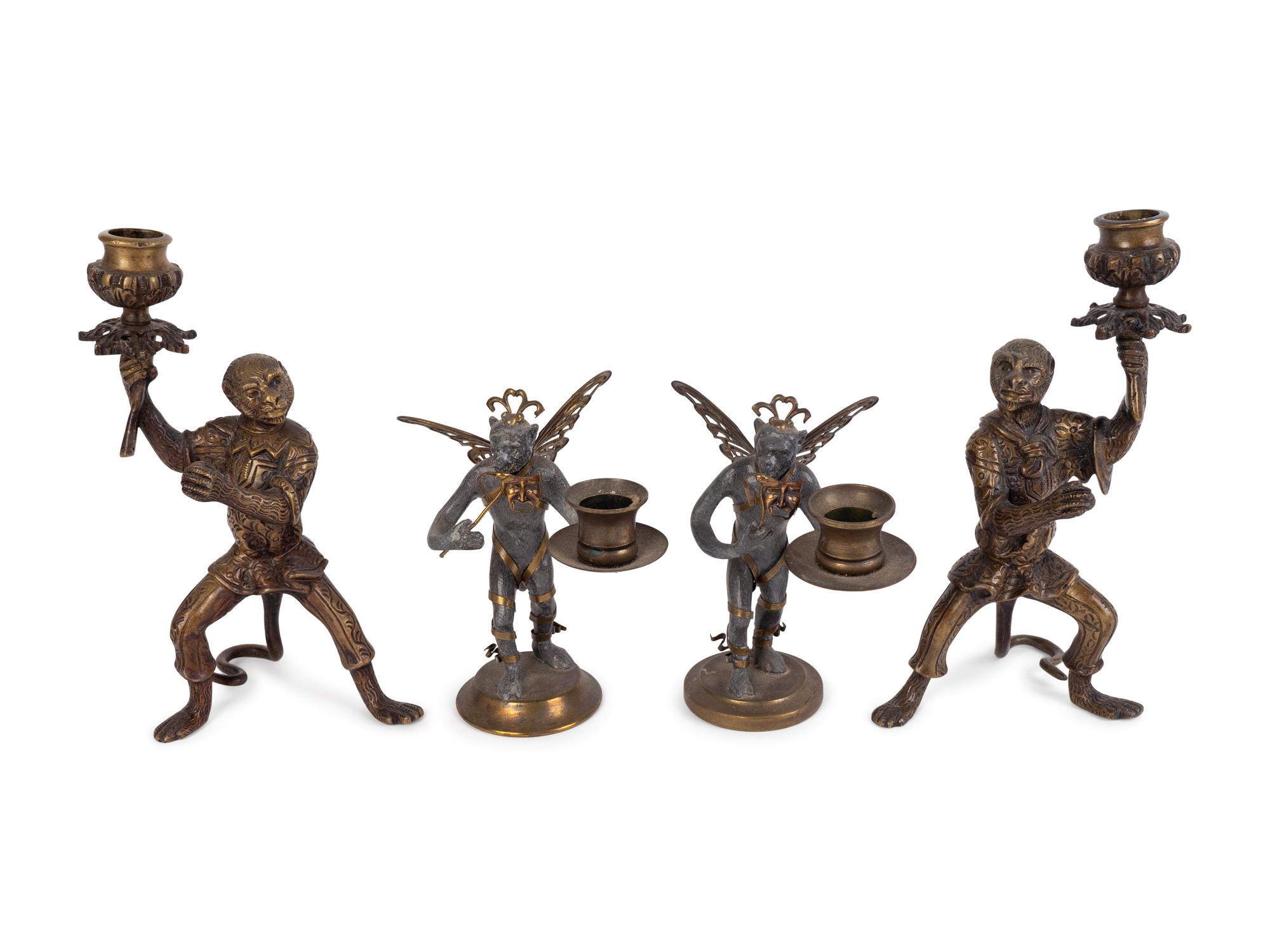 Two Pair of Bronze Monkey-Form Candlesticks — 20TH CENTURY