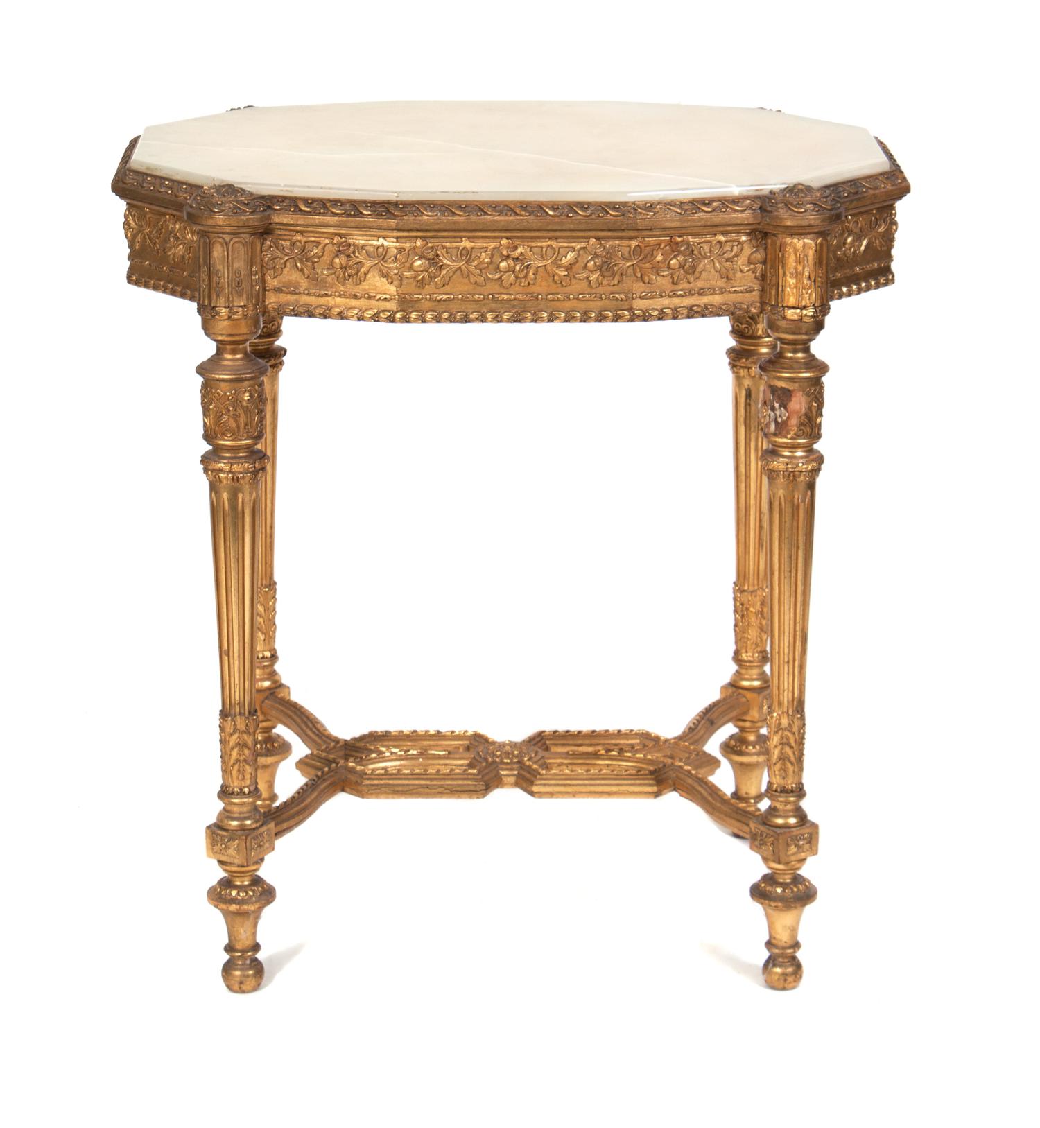 A Louis XVI Style Giltwood Occasional Table Height 29 1/2 x width 27 x depth 18 1/2 inches.