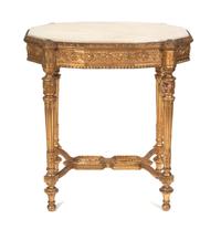 A Louis XVI Style Giltwood Occasional Table Height 29 1/2 x width 27 x depth 18 1/2 inches.