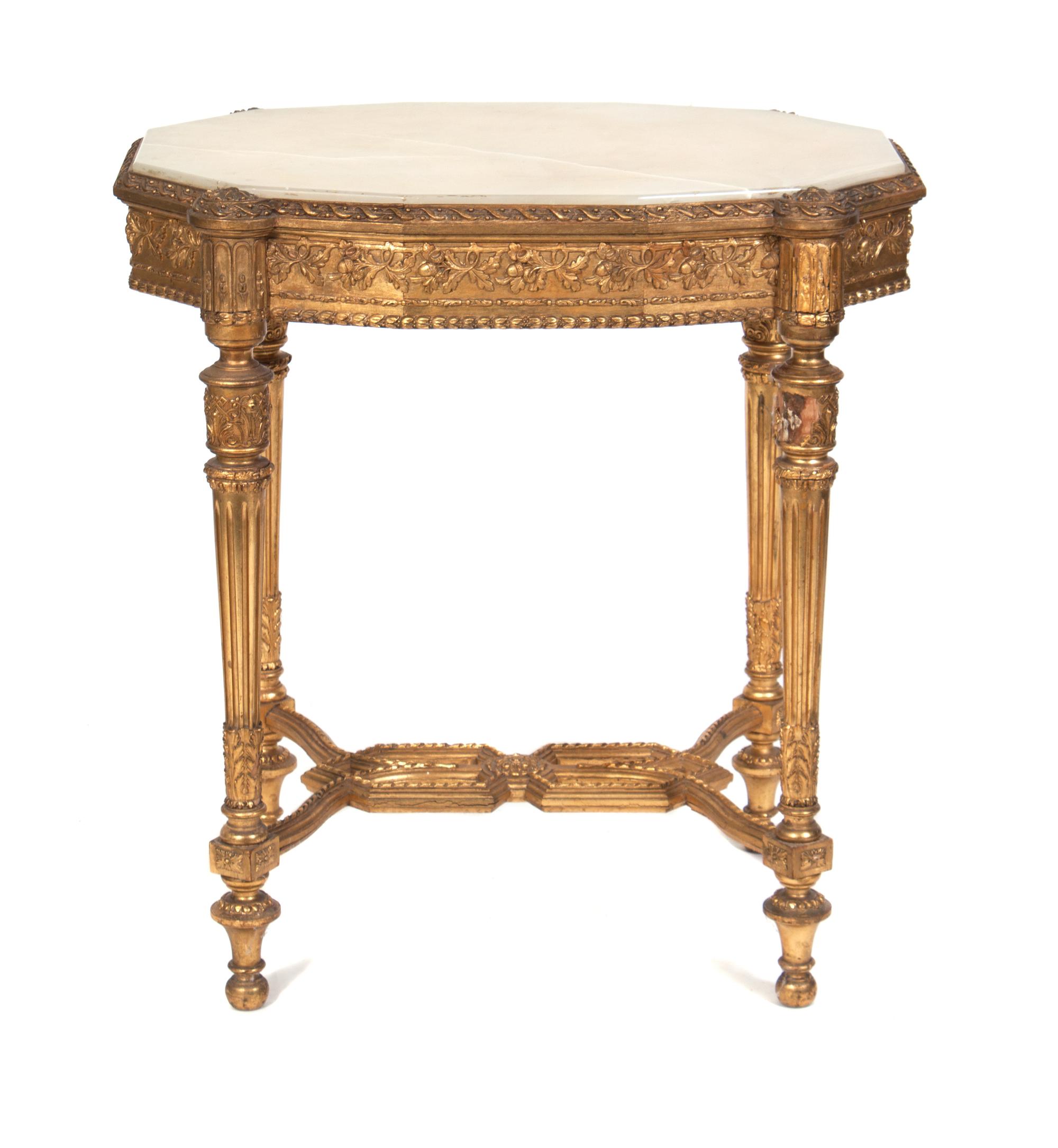 A Louis XVI Style Giltwood Occasional Table Height 29 1/2 x width 27 x depth 18 1/2 inches.