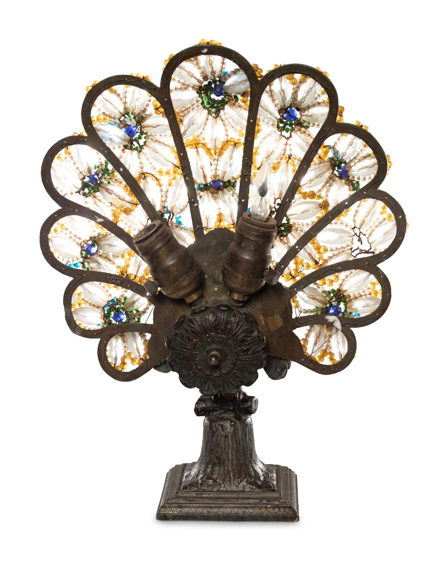 A Czechoslovakian Beaded Peacock Lamp