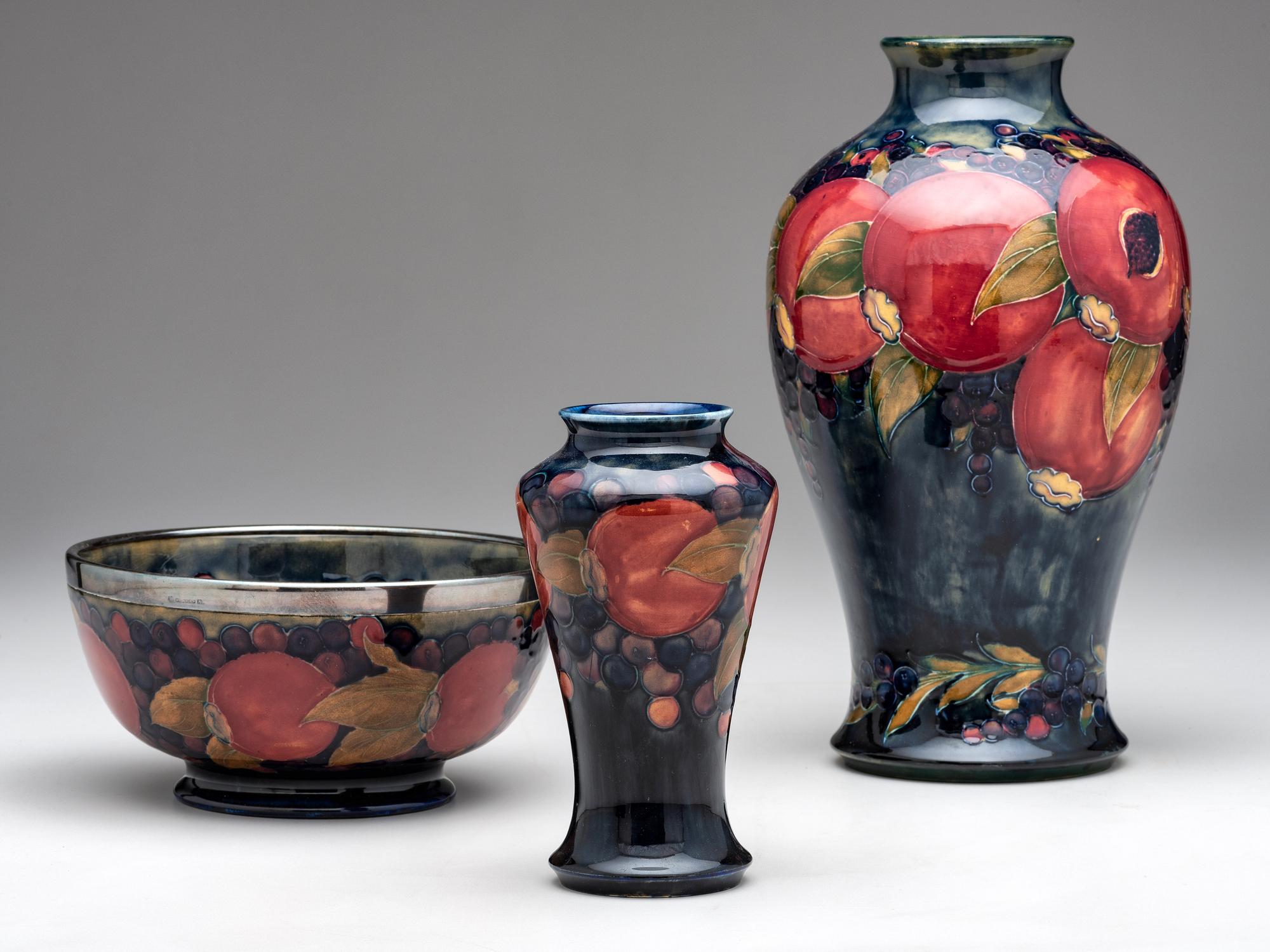Vases and Footed Bowl with Metal Mount