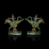 A Pair of Chinese Sancai Glazed Equestrian Ridge Tiles, Ming Dynasty 明 三彩騎馬人物瓦當一對
