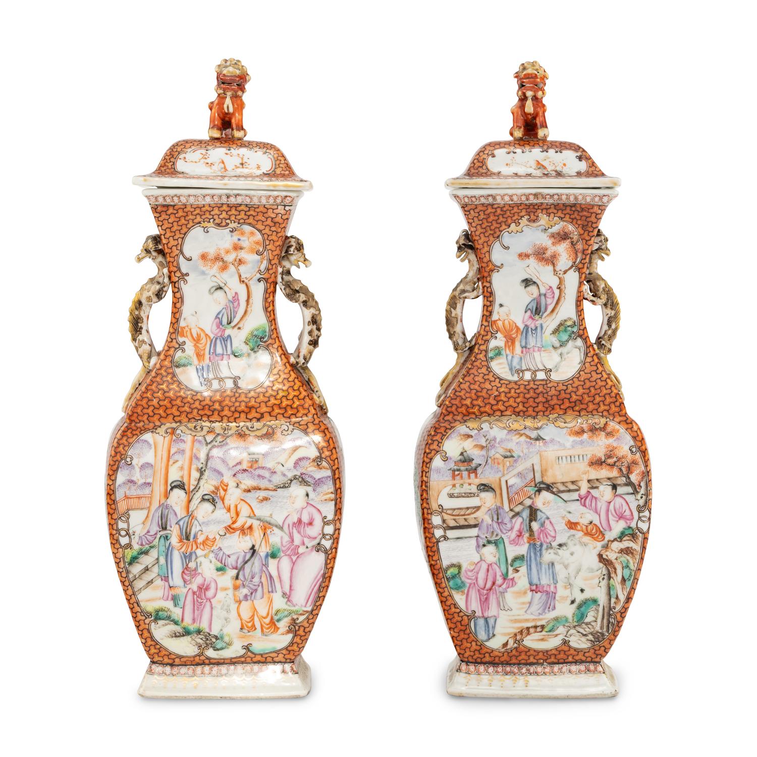 A Pair of Chinese Export Famille Rose Porcelain Covered Vases