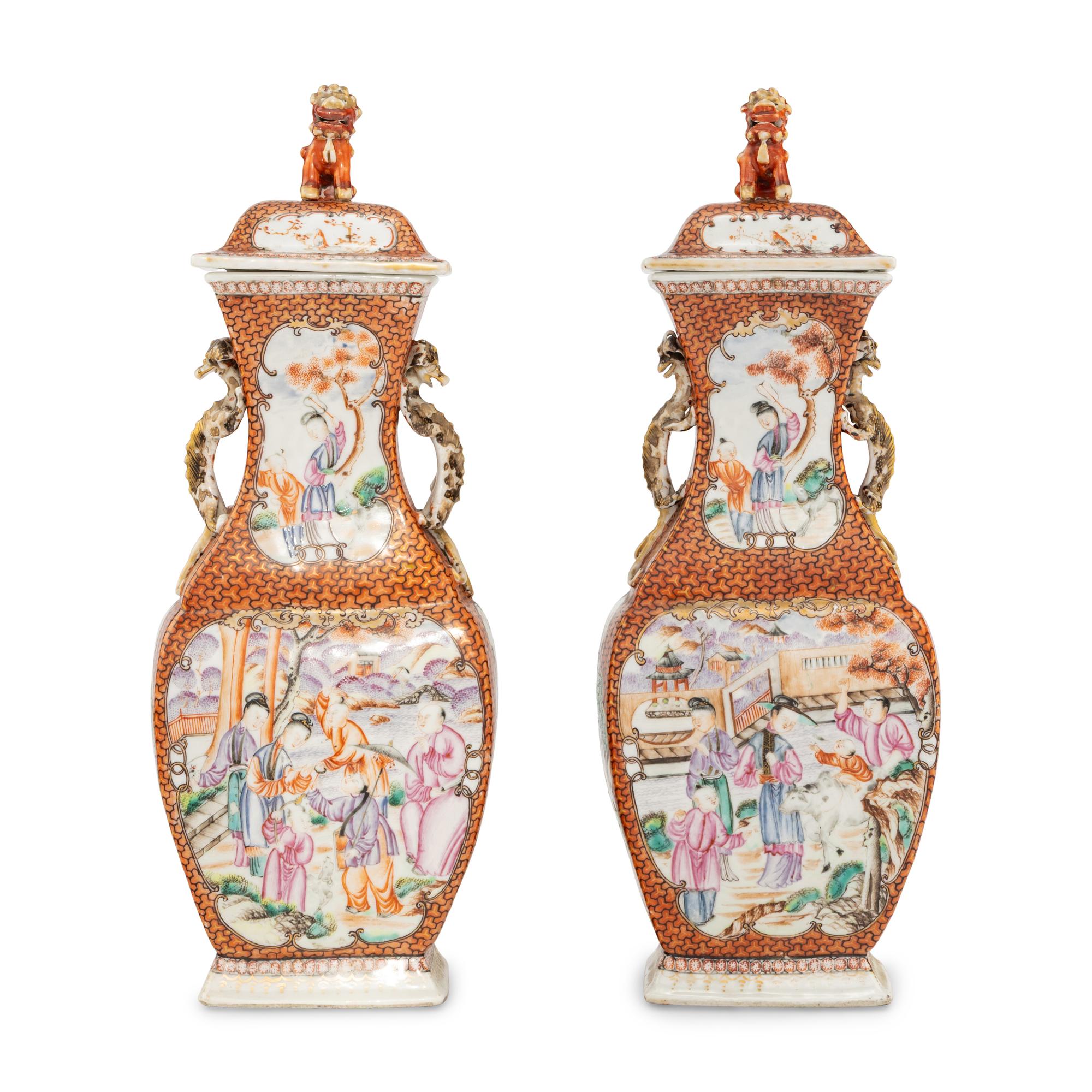 A Pair of Chinese Export Famille Rose Porcelain Covered Vases
