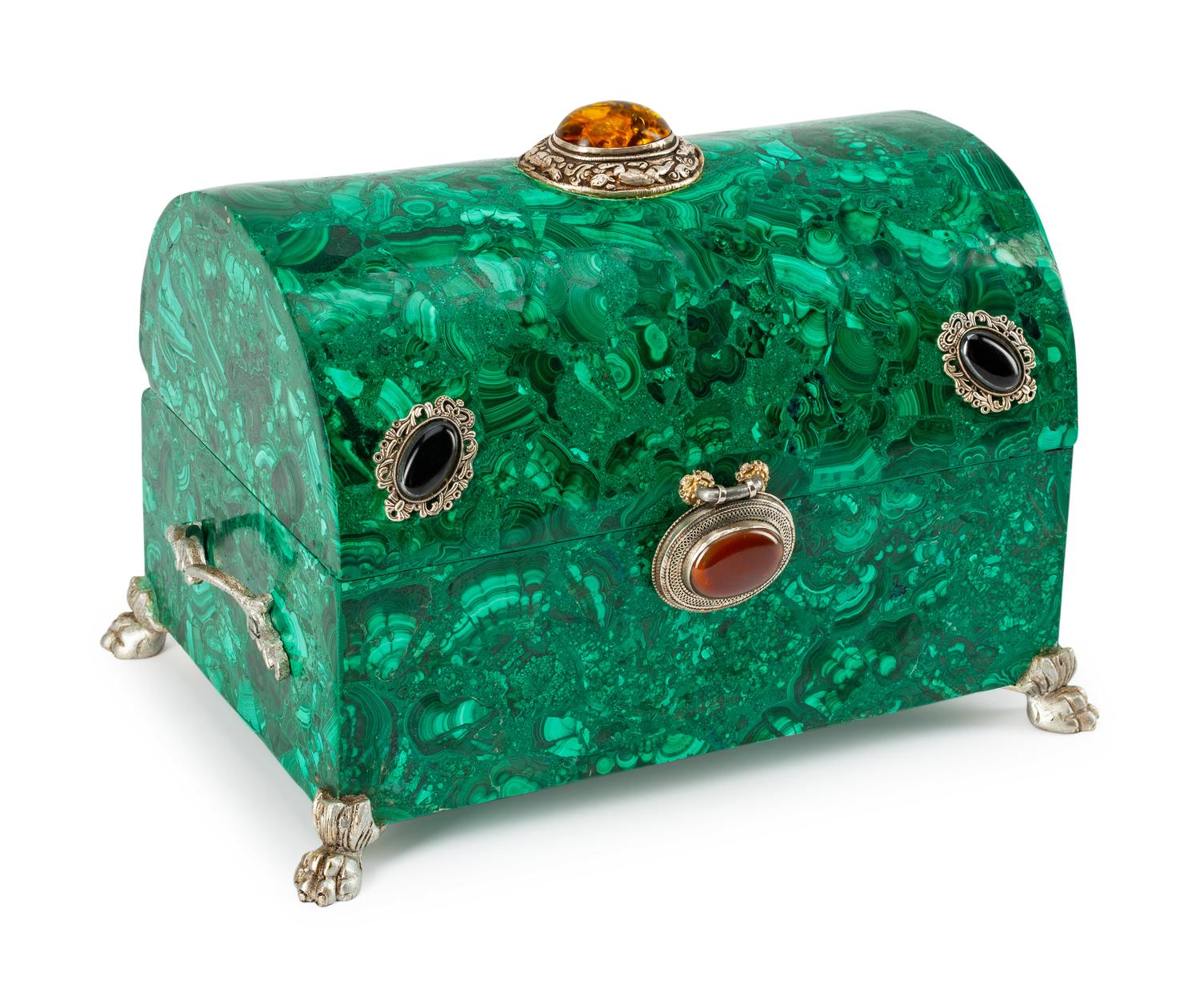 A Russian Jeweled Malachite Box