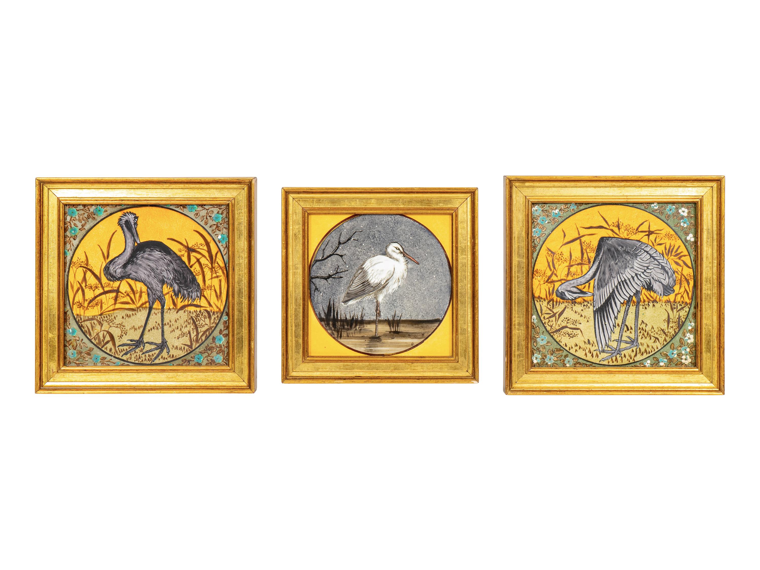 Three Framed English Stoneware Plaques with Birds