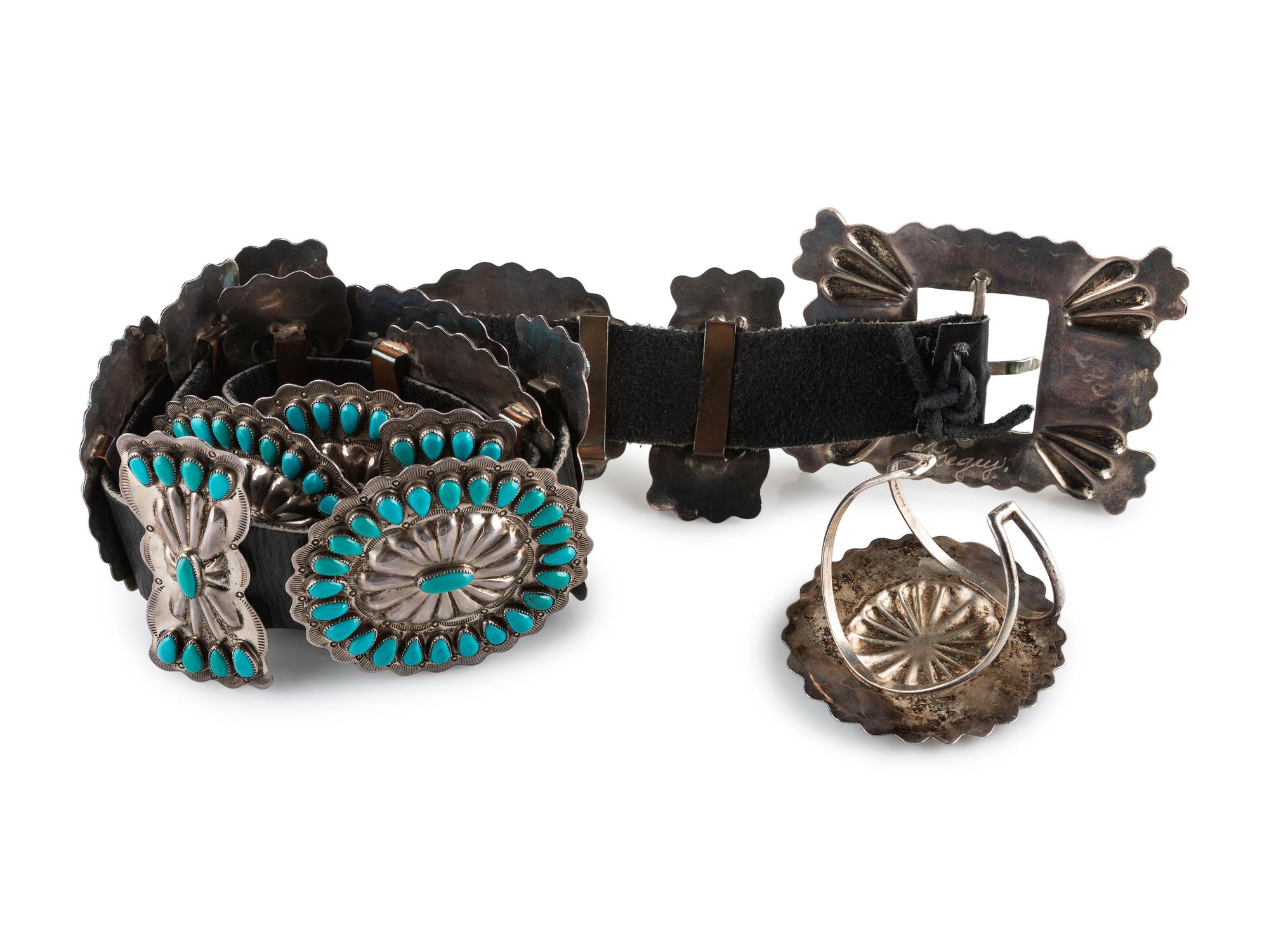Navajo Silver and Turquoise Cluster Concha Belt AND Cuff Bracelet