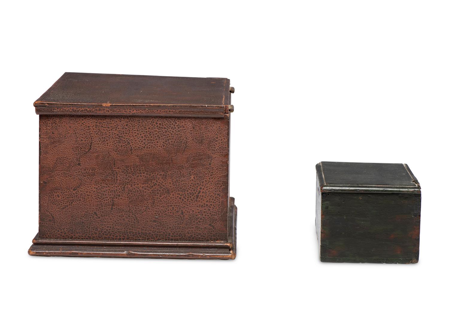 Two Painted Pine Lift-Top Boxes
