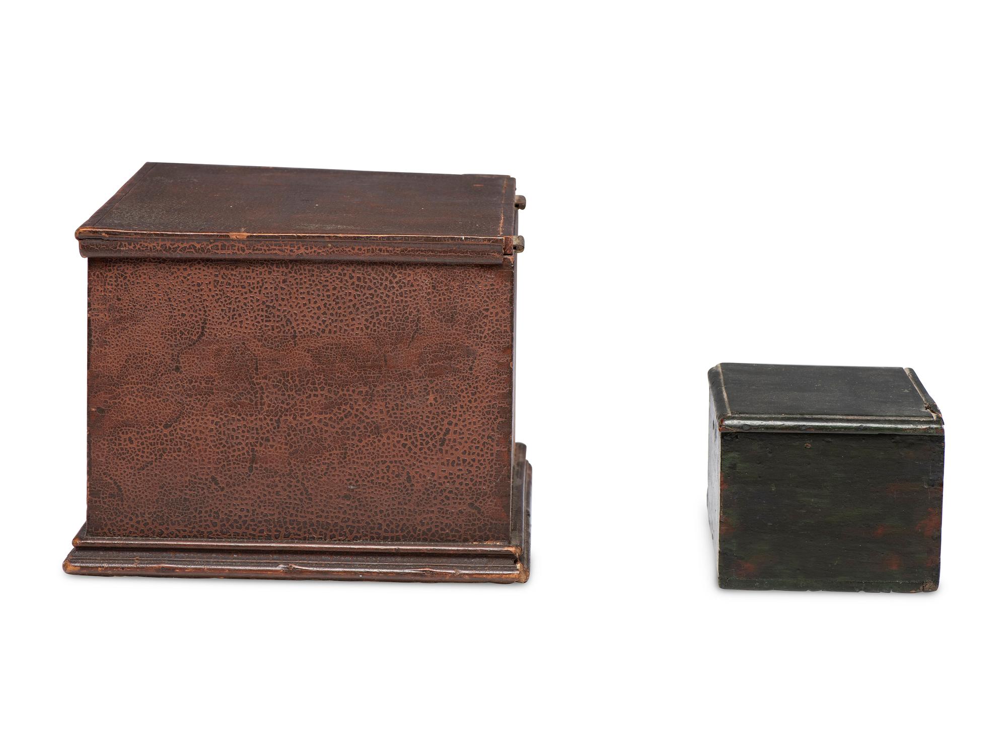 Two Painted Pine Lift-Top Boxes