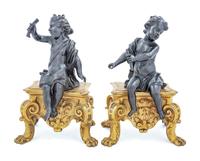 A Pair of French Gilt and Patinated Bronze Figural Chenets