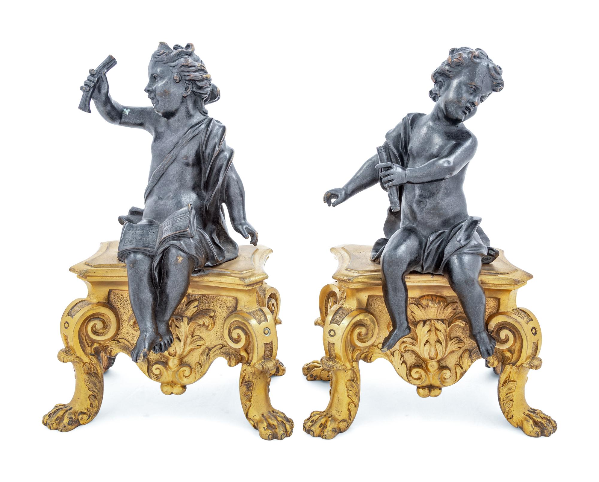 A Pair of French Gilt and Patinated Bronze Figural Chenets