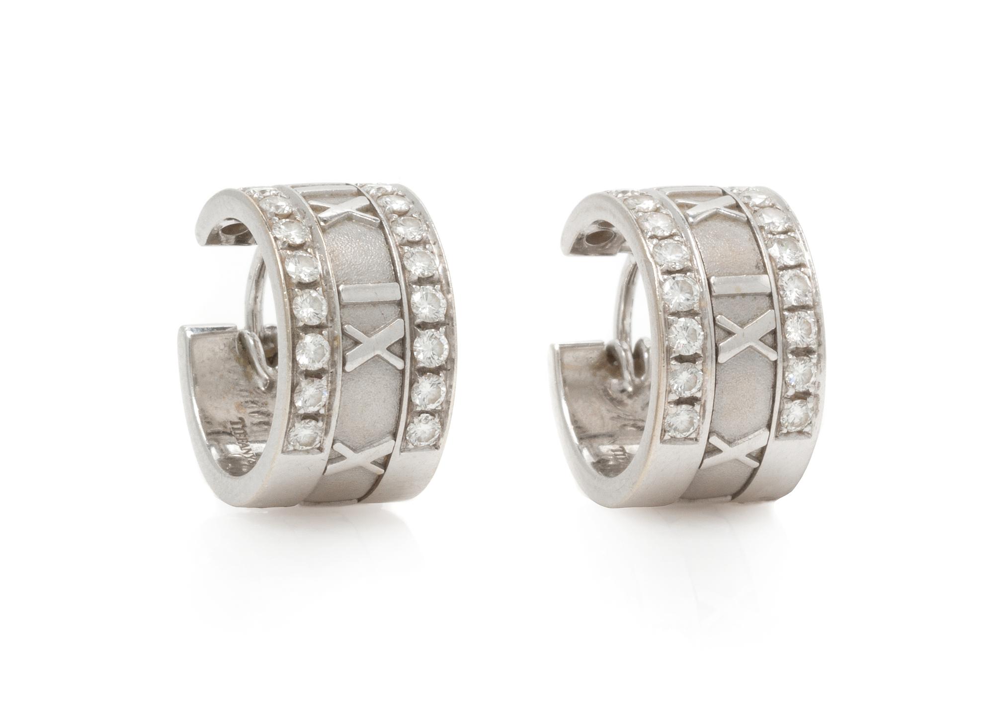 A Pair of 18 Karat White Gold and Diamond "Atlas" Hoop Earrings, Tiffany & Co., Circa 1995, 9.50 dwts.