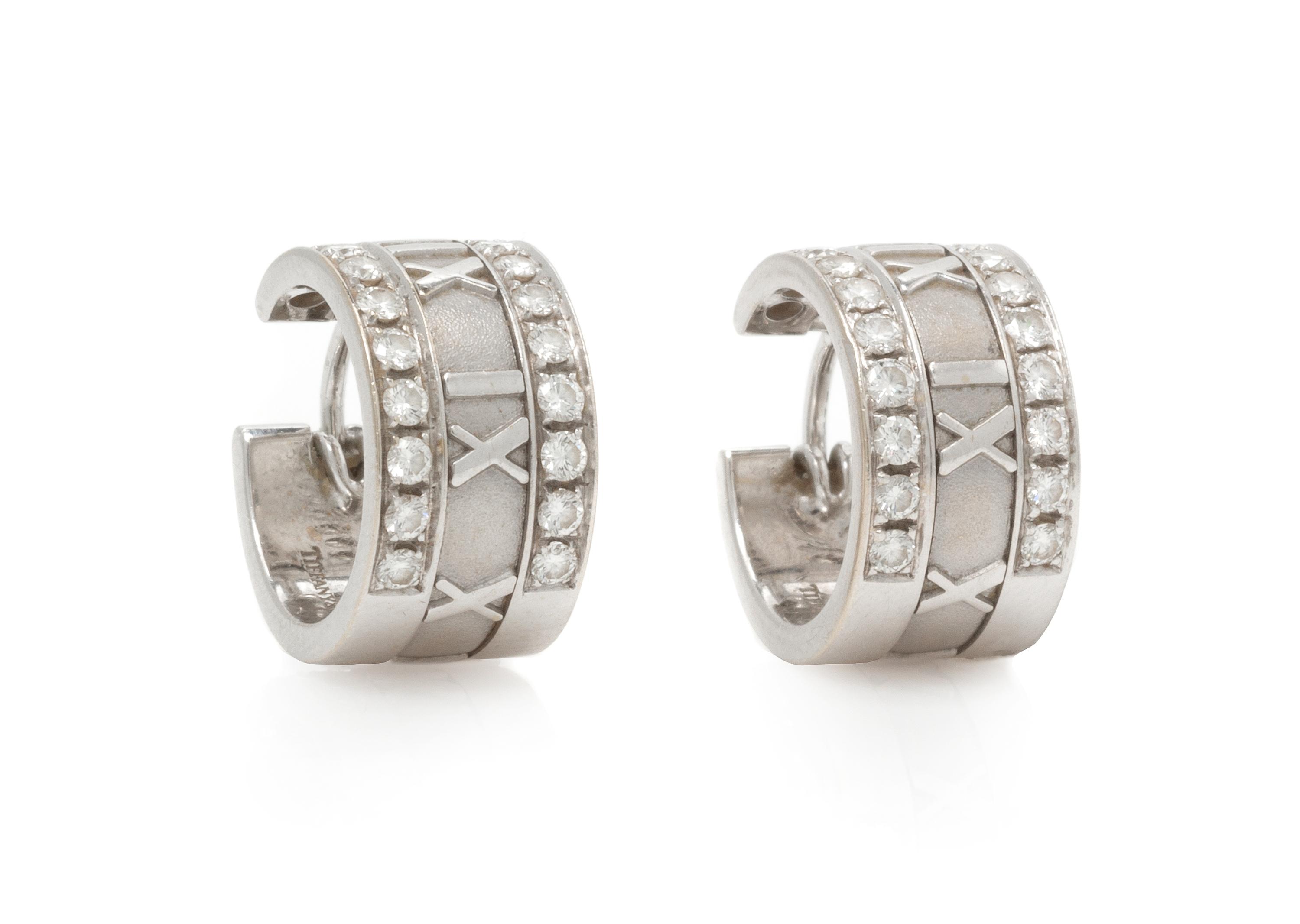 A Pair of 18 Karat White Gold and Diamond "Atlas" Hoop Earrings, Tiffany & Co., Circa 1995, 9.50 dwts.