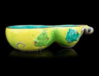 A Yellow Ground Famille Rose Gourd-Form Tray