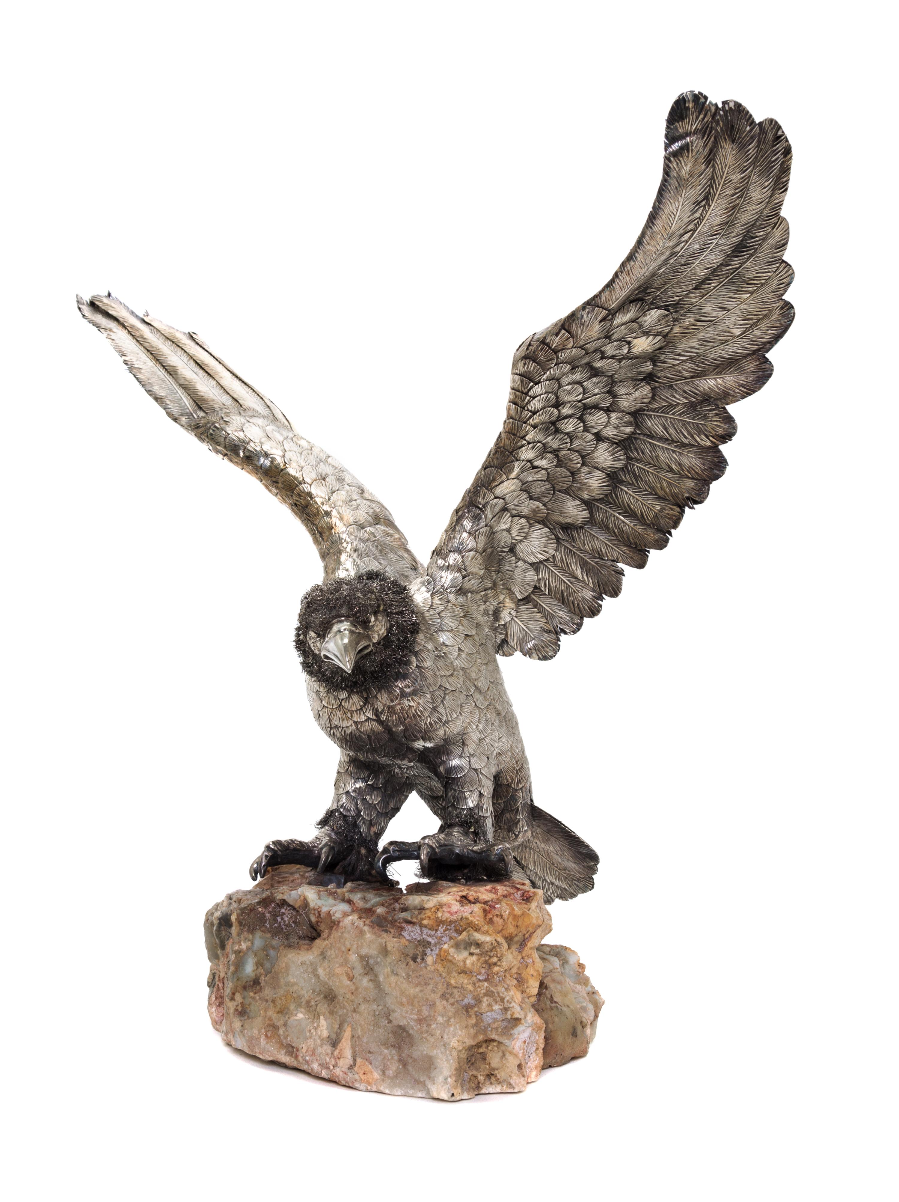 An Italian Silver Model of an Eagle, Manner of Buccellati, Florence, 20th Century, with outstretched wings, on a rock base.