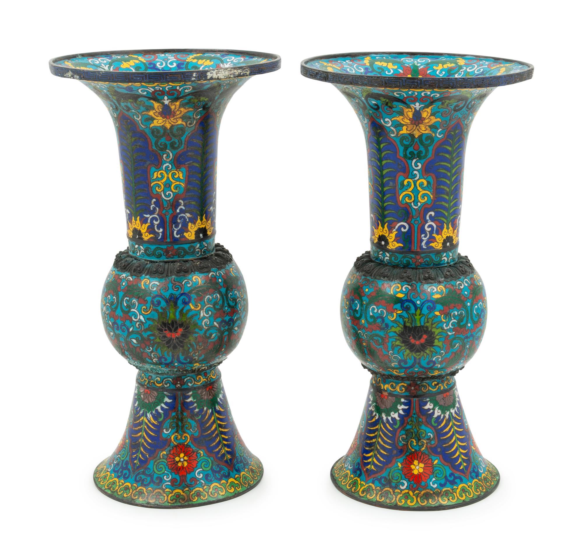 A Pair of Chinese Cloissoné Enamel Gu Vases