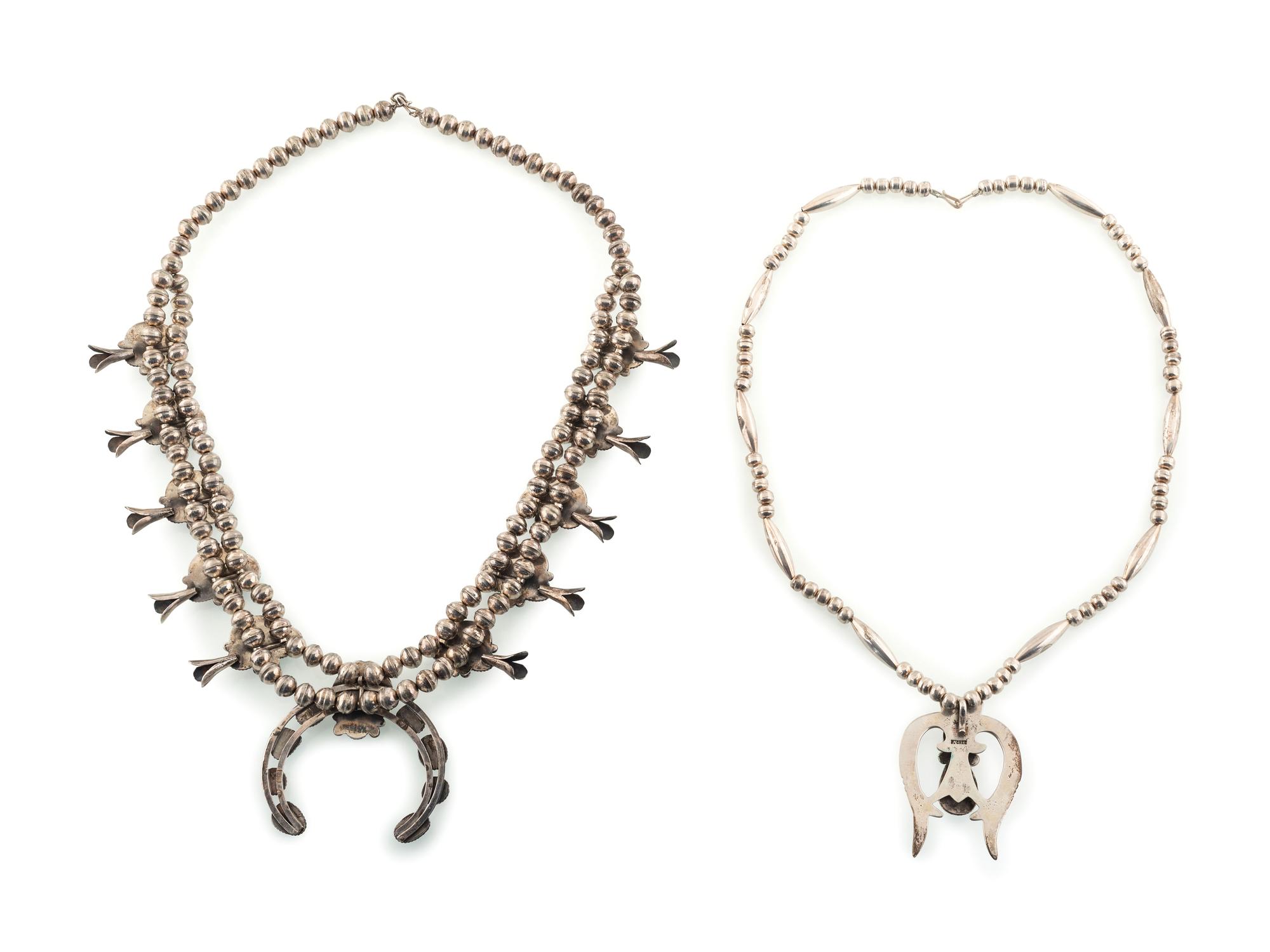 Navajo Silver, Turquoise, and Coral Squash Blossom Necklaces