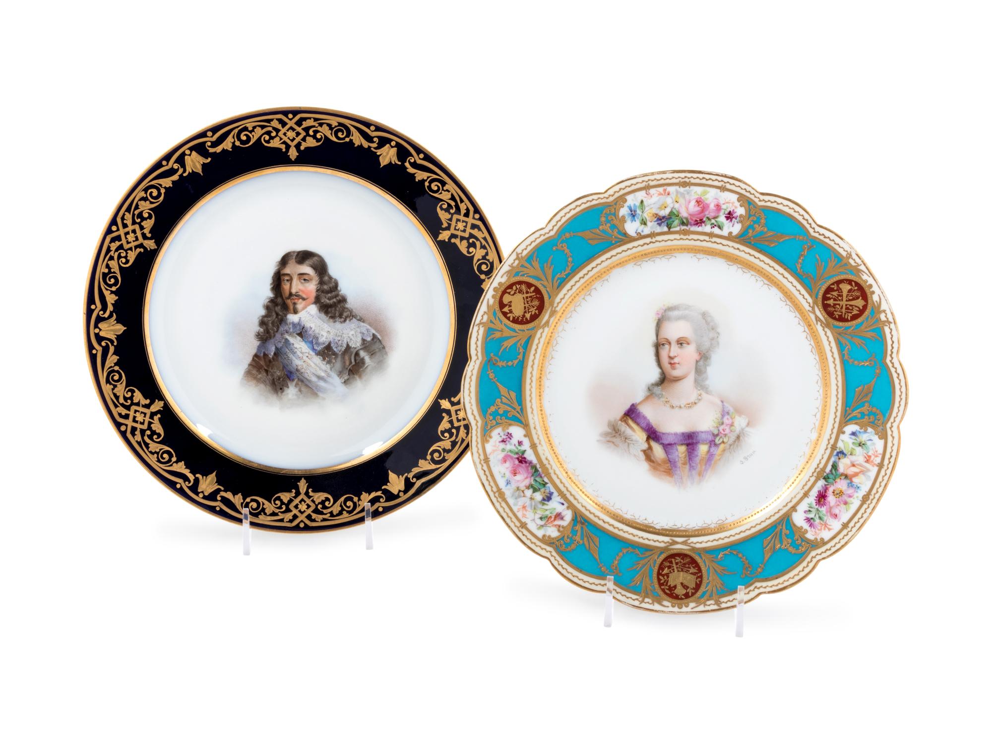 Two Sèvres Style Painted and Parcel Gilt Porcelain Plates