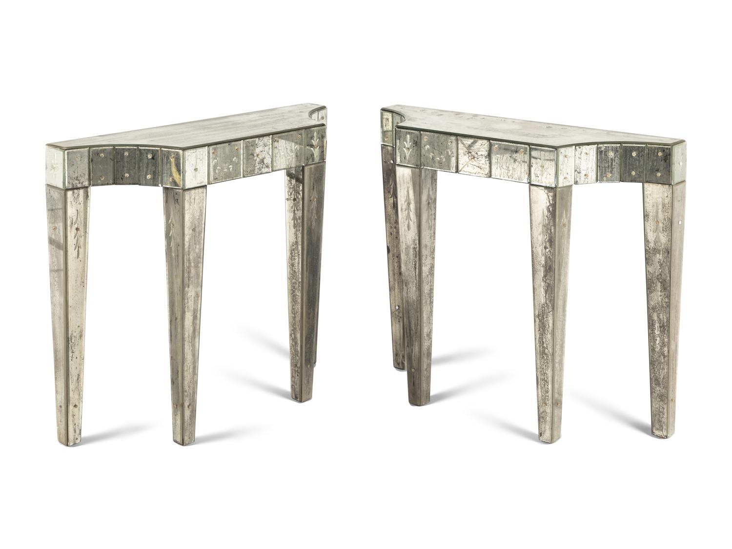 A Pair of Venetian Style Mirror-Veneered Console Tables and Mirrors