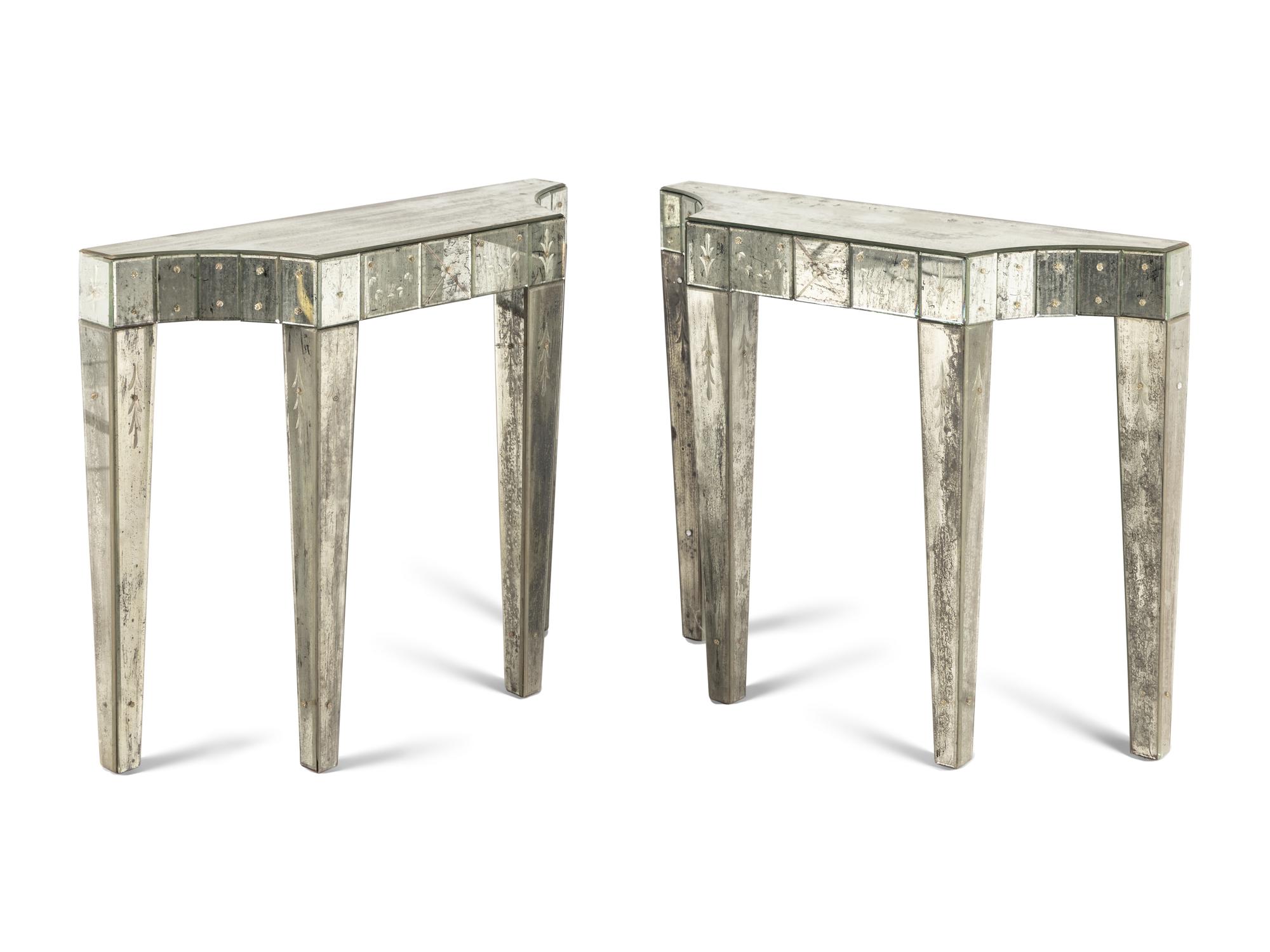 A Pair of Venetian Style Mirror-Veneered Console Tables and Mirrors