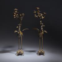 A Pair of Japanese Kaga Style Inlaid Bronze 'Crane and Minogame' Candelabra, Meiji Period — 日本明治時期 銅龜鶴齊齡燭臺一對