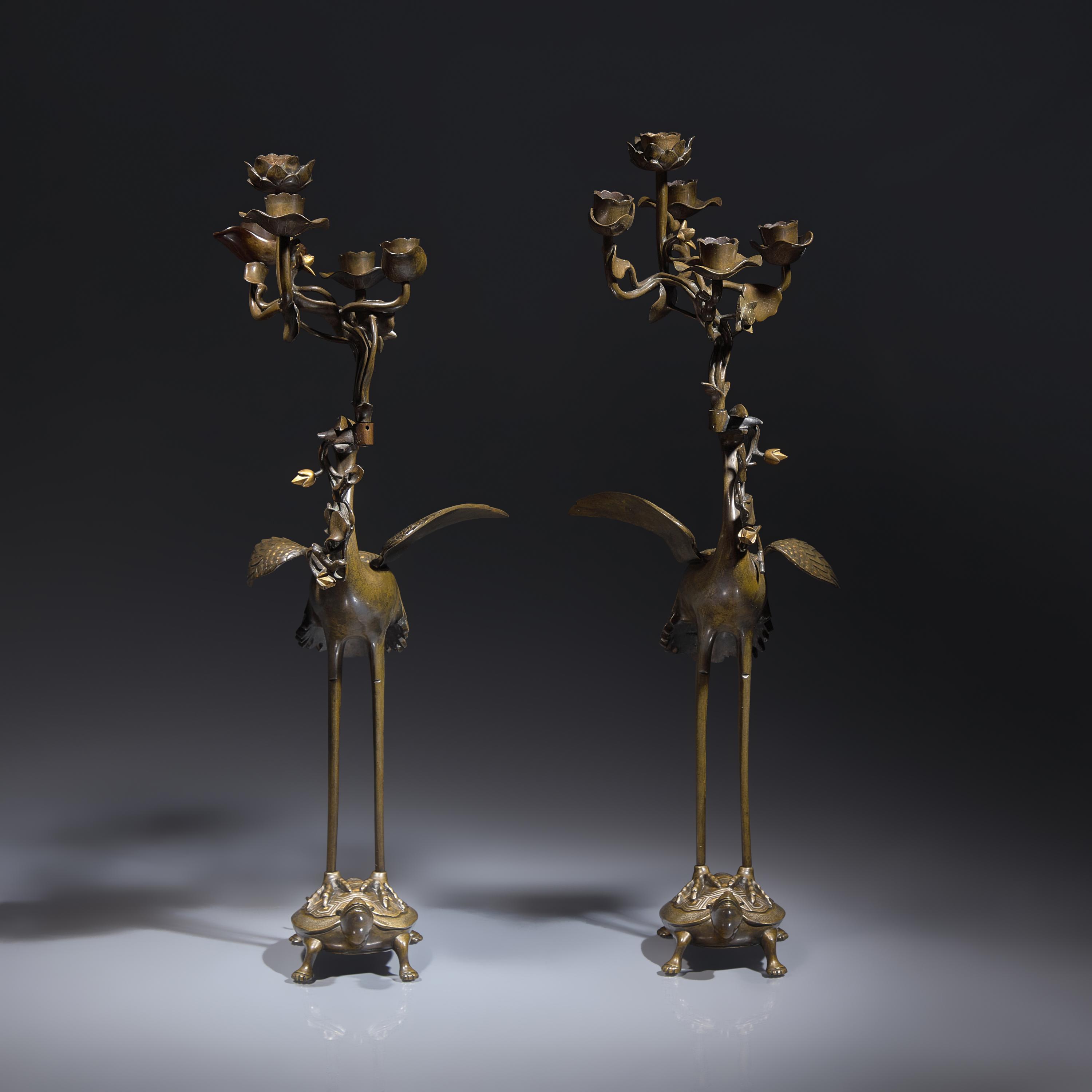 A Pair of Japanese Kaga Style Inlaid Bronze 'Crane and Minogame' Candelabra, Meiji Period — 日本明治時期 銅龜鶴齊齡燭臺一對