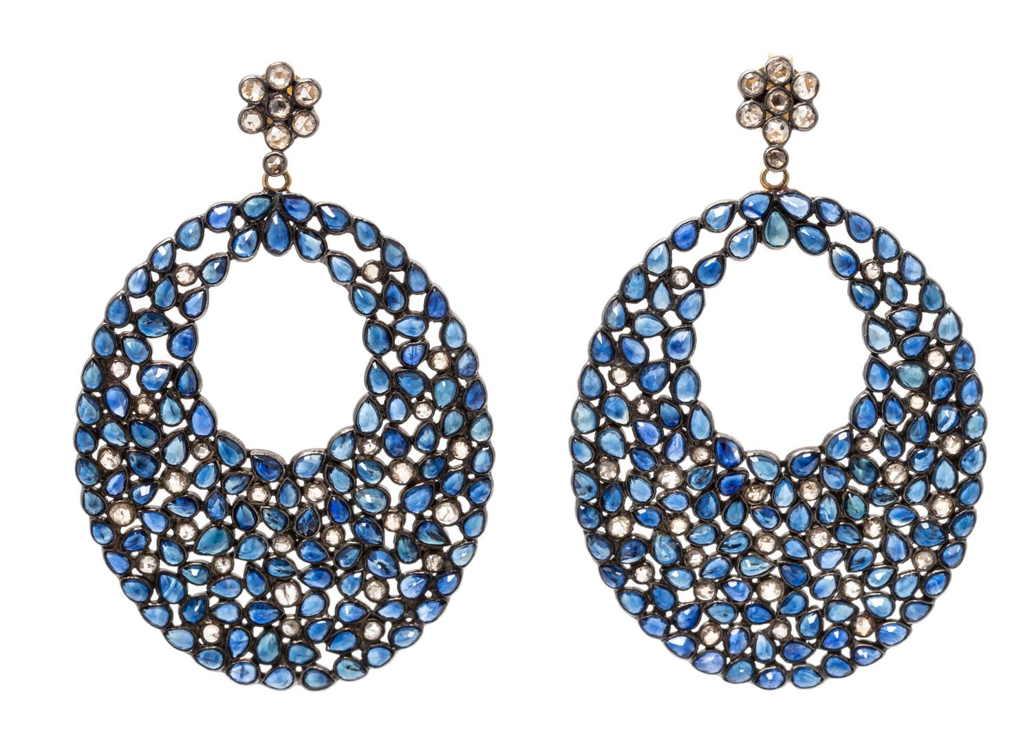 A Pair of Sterling Silver, 18 Karat Yellow Gold, Sapphire and Diamond Pendant Earrings, 9.60 dwts.