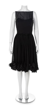 Maurice Rentner Black Silk with Flower Hem Dress, 1950s Size label: 10