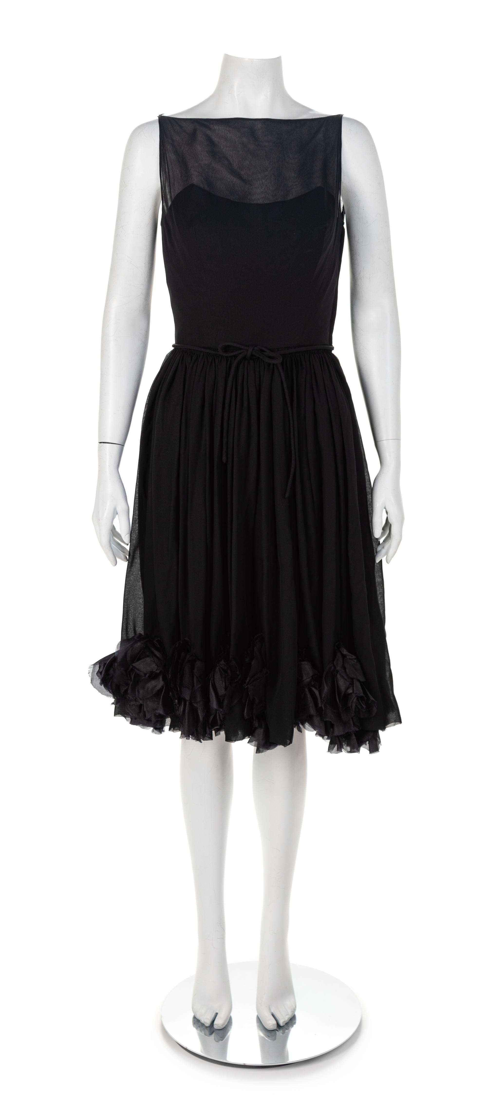 Maurice Rentner Black Silk with Flower Hem Dress, 1950s Size label: 10