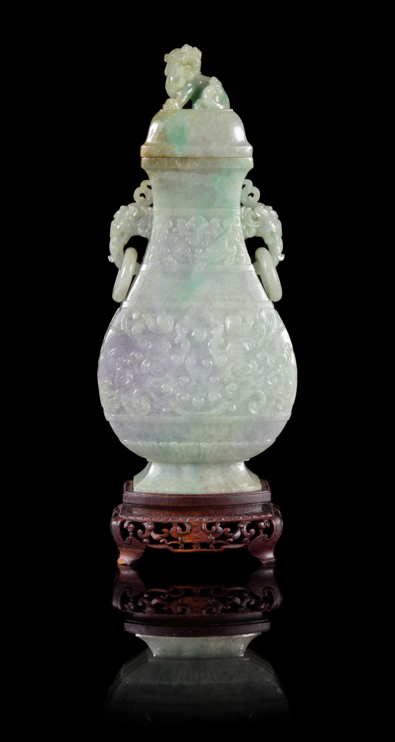 An Apple Green and Lavender Jadeite Covered Vase Height: 10 inches. — 19TH/20TH CENTURY