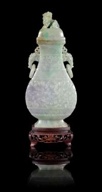 An Apple Green and Lavender Jadeite Covered Vase Height: 10 inches. — 19TH/20TH CENTURY