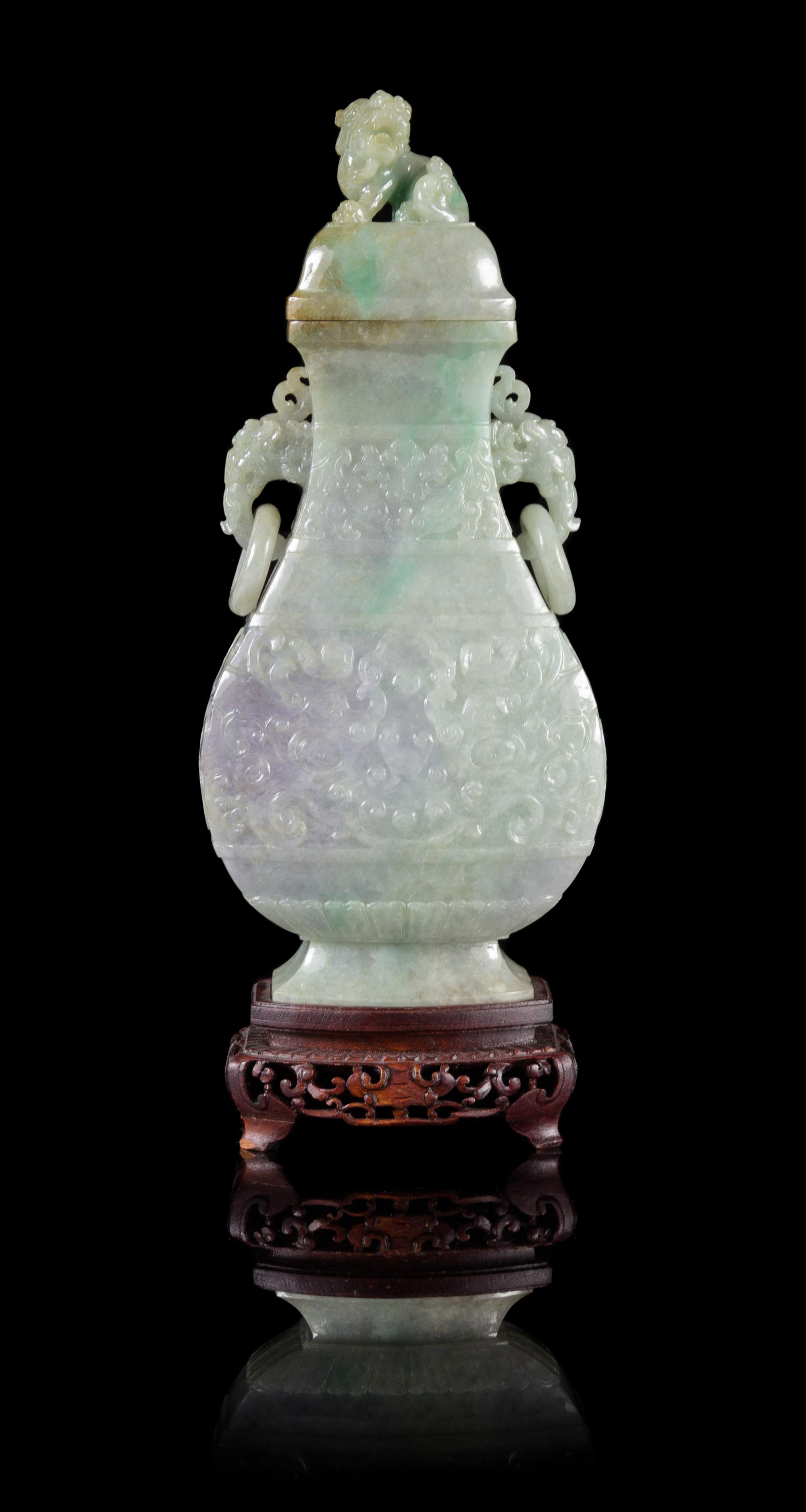 An Apple Green and Lavender Jadeite Covered Vase Height: 10 inches. — 19TH/20TH CENTURY