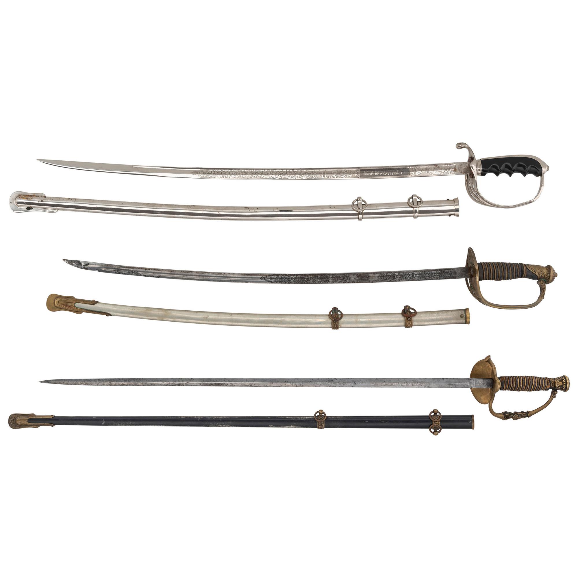 Lot of 3 US Army Swords Including: Model 1902, Model 1860 Staff & Field, Model 1872 Light Cavalry