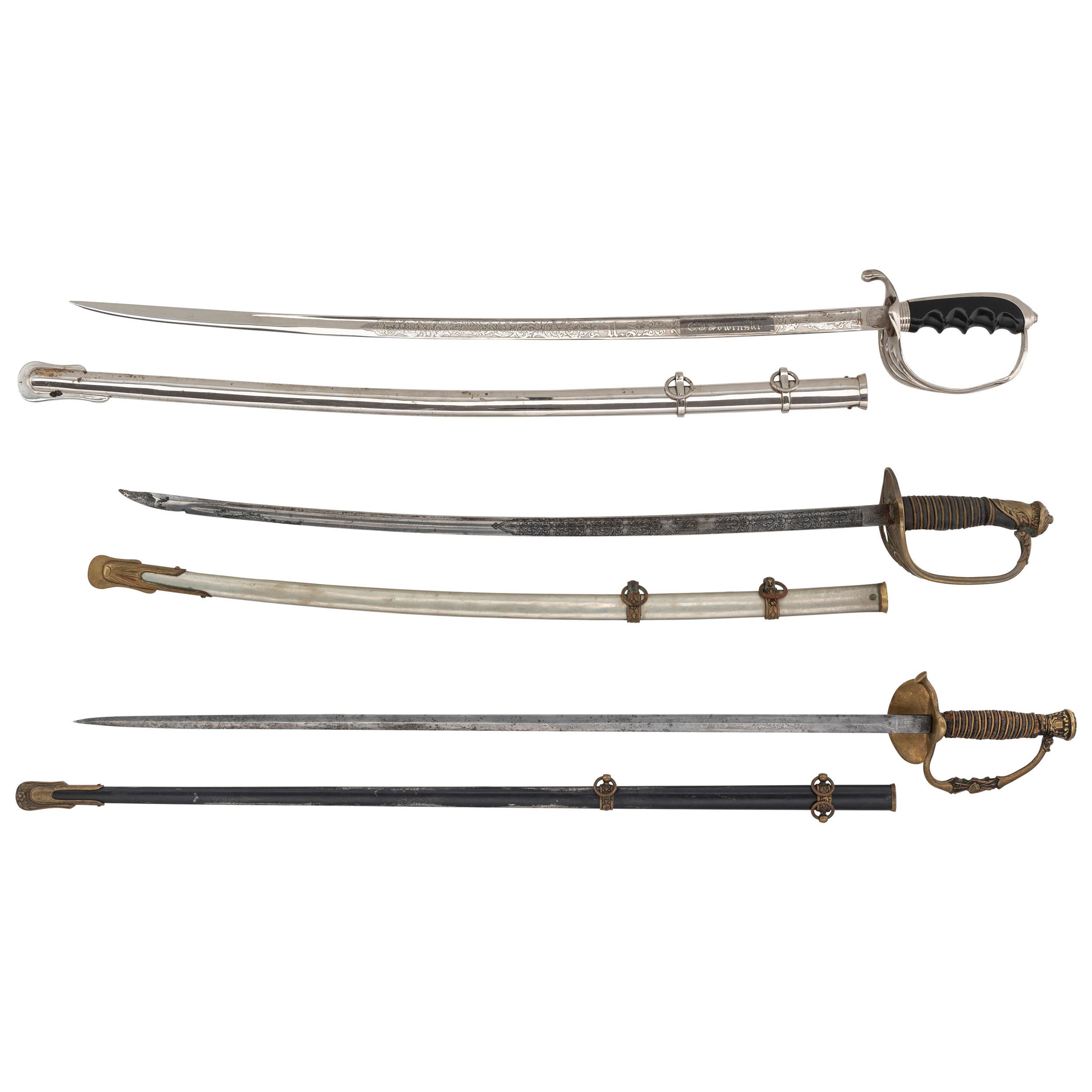 Lot of 3 US Army Swords Including: Model 1902, Model 1860 Staff & Field, Model 1872 Light Cavalry