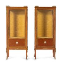 A Pair of Louis XVI Style Gilt Metal and Porcelain Mounted Vitrine Cabinets