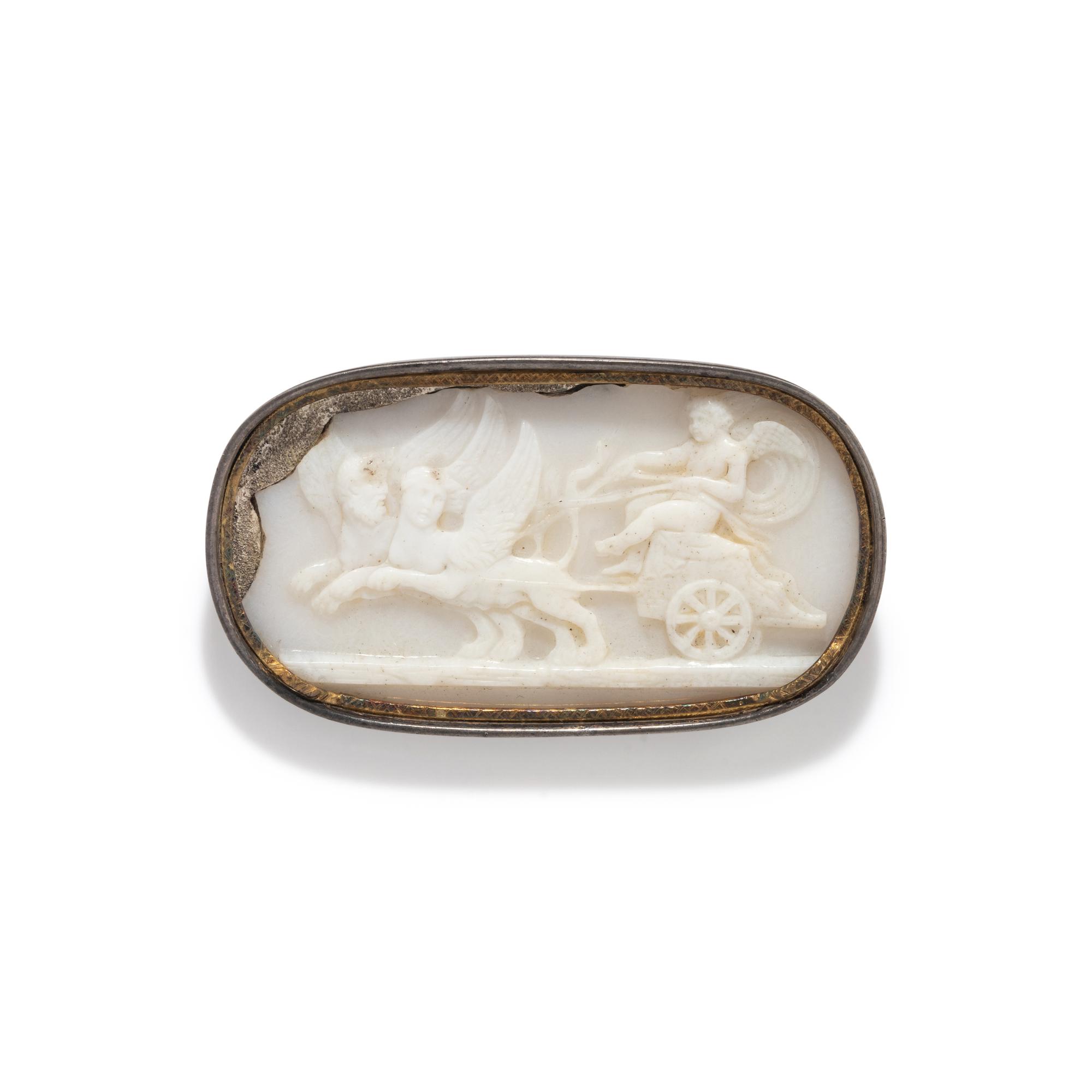 A Neoclassical Silver and Agate Cameo Brooch with the Genius of Mysteries