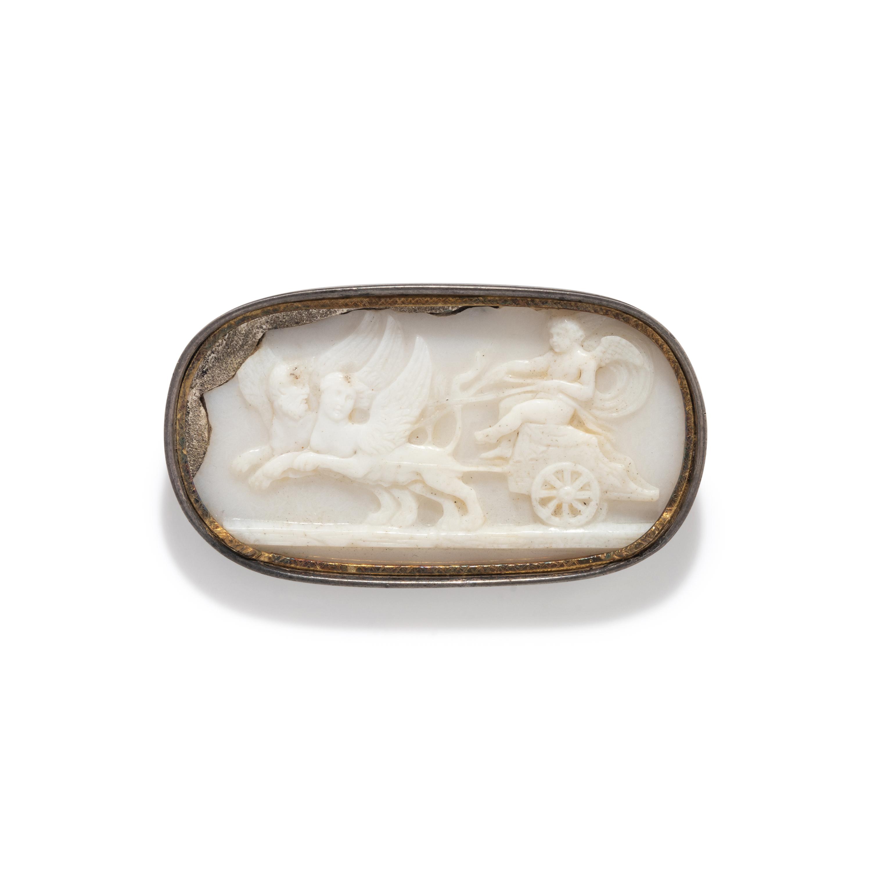 A Neoclassical Silver and Agate Cameo Brooch with the Genius of Mysteries