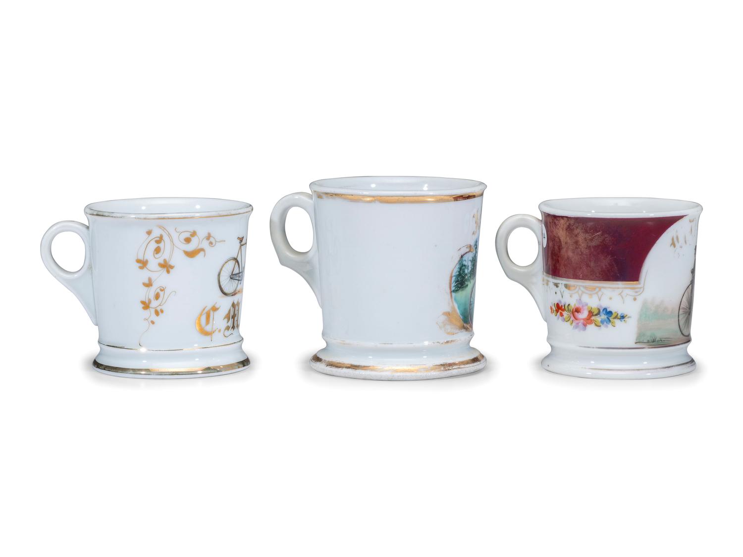 Three Cyclist's Porcelain Shaving Mugs