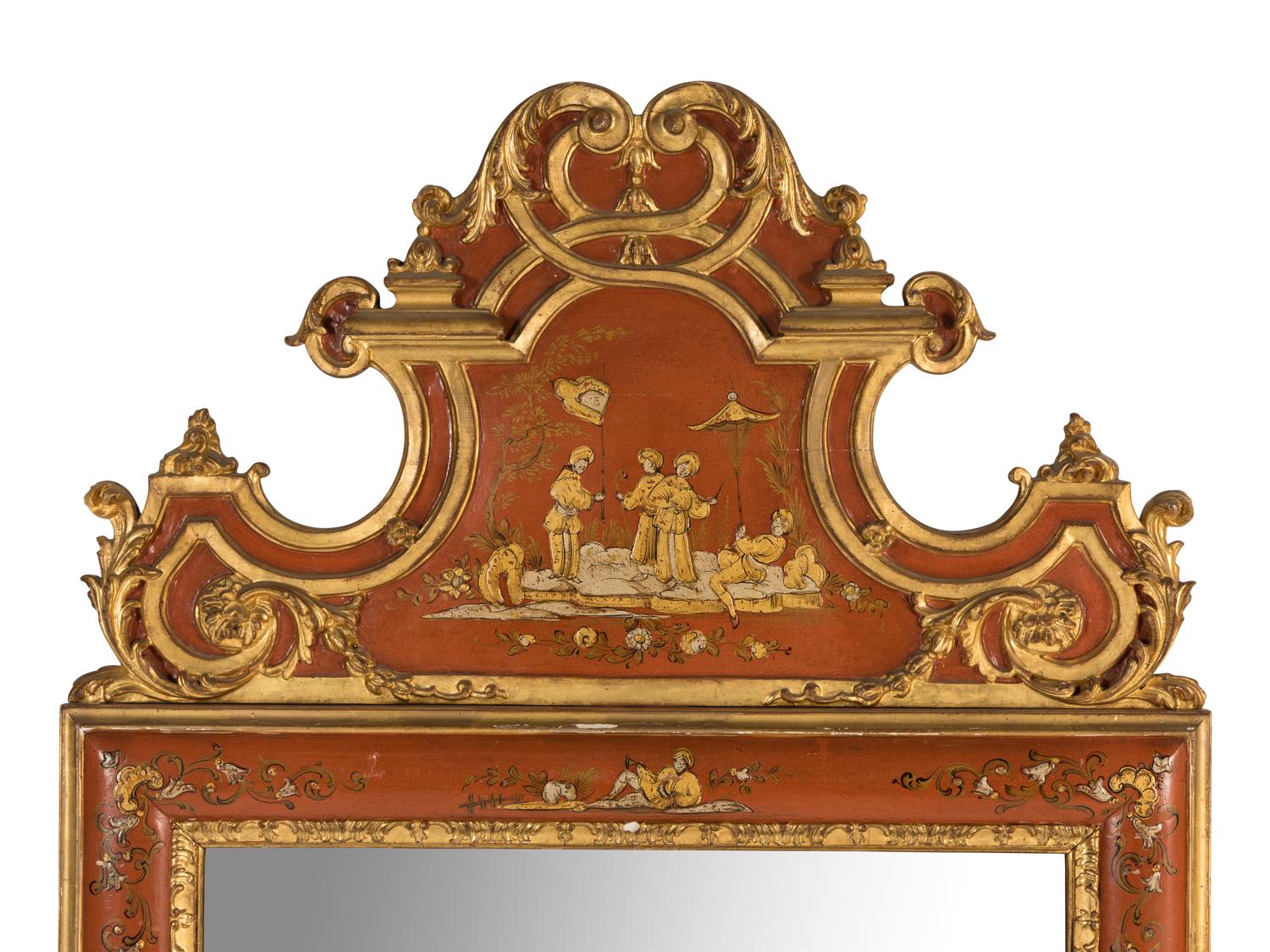 A Louis XVI Style Chinoiserie Decorated and Parcel Gilt Mirror